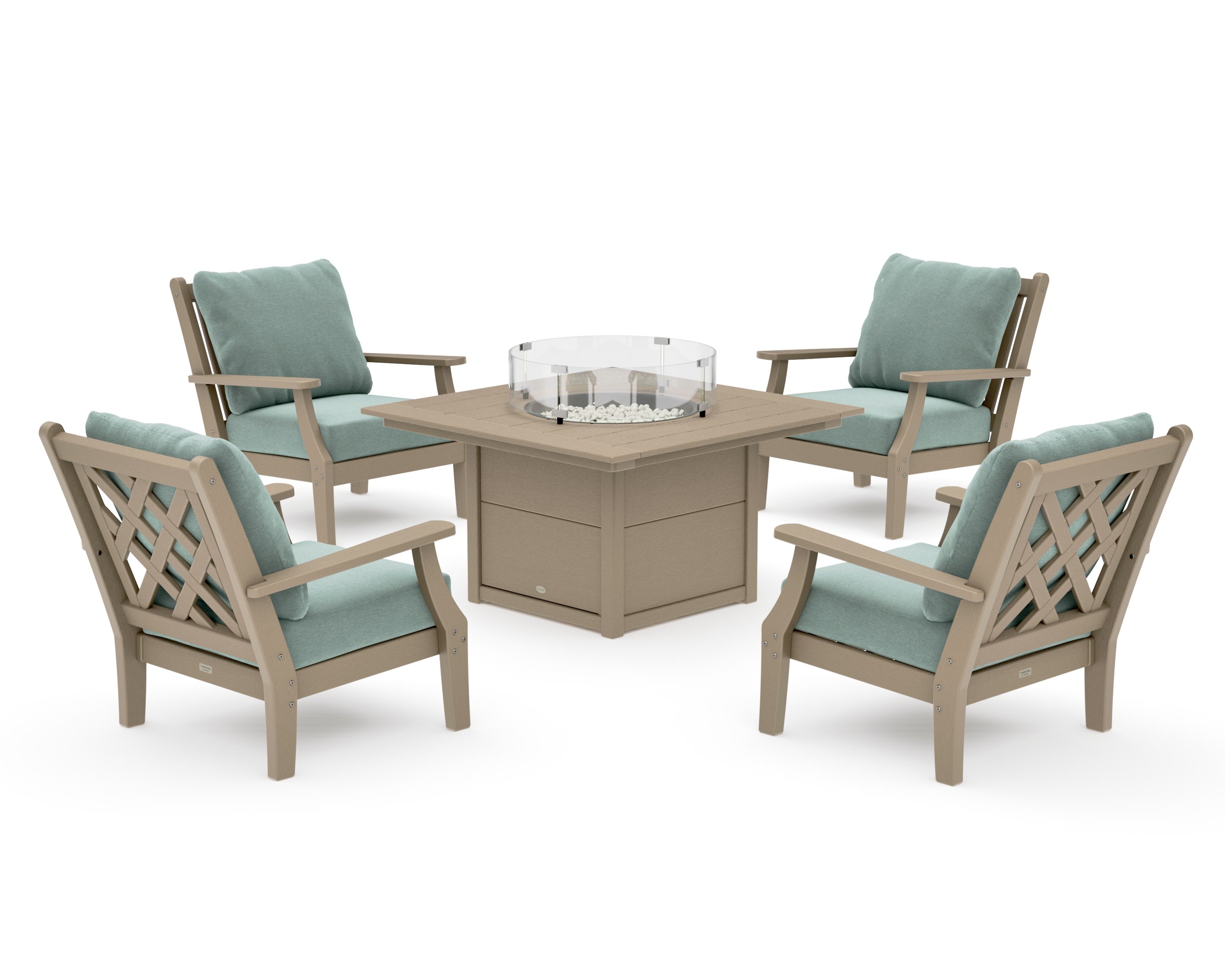 Wovendale 5-Piece Deep Seating Set with Fire Pit Table in Vintage Sahara / Glacier Spa