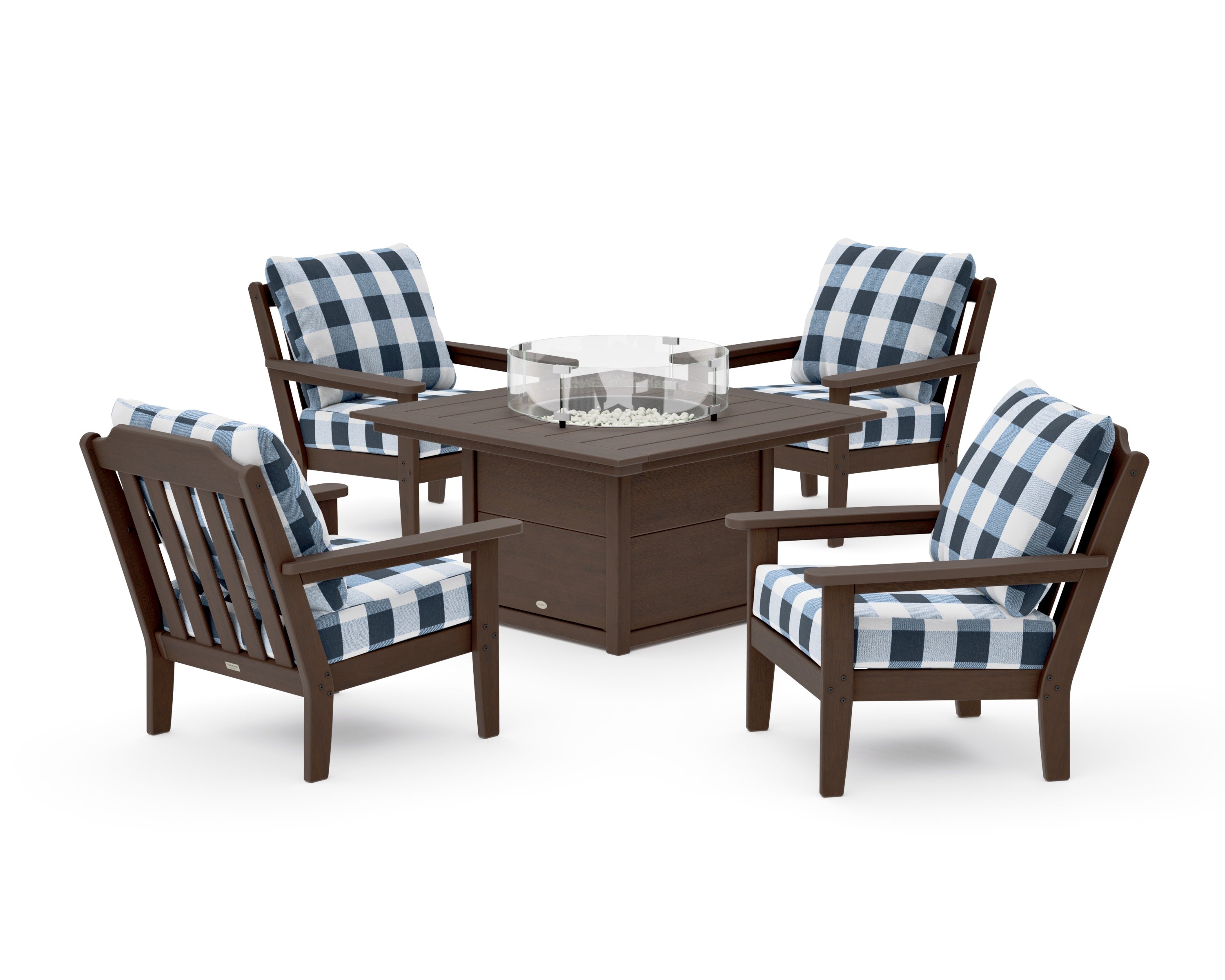 Cottage 5-Piece Deep Seating Set with Fire Pit Table in Kona / Buffalo Plaid Marine Indigo