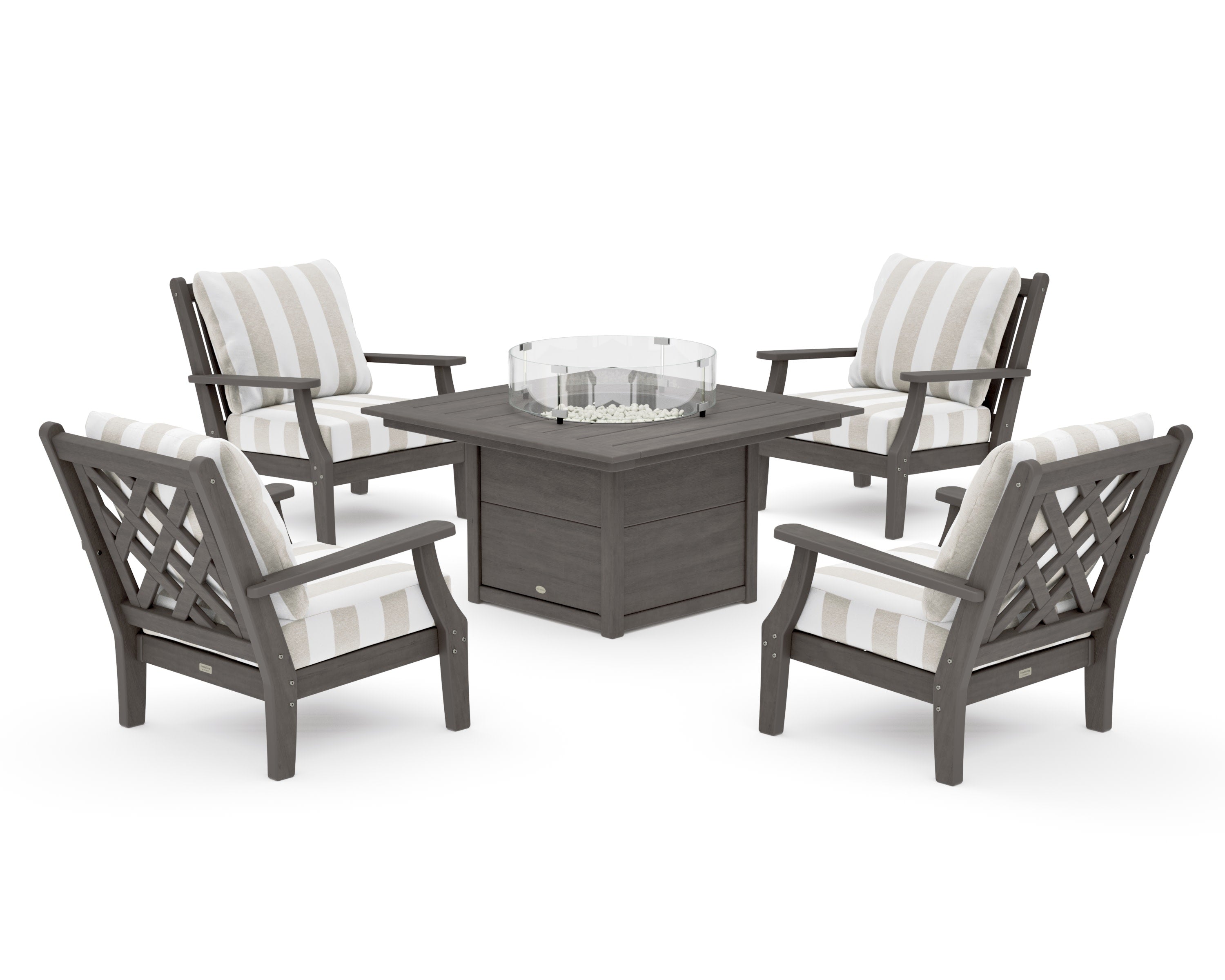 Wovendale 5-Piece Deep Seating Set with Fire Pit Table in Driftwood / Cabana Stripe Dune Burlap