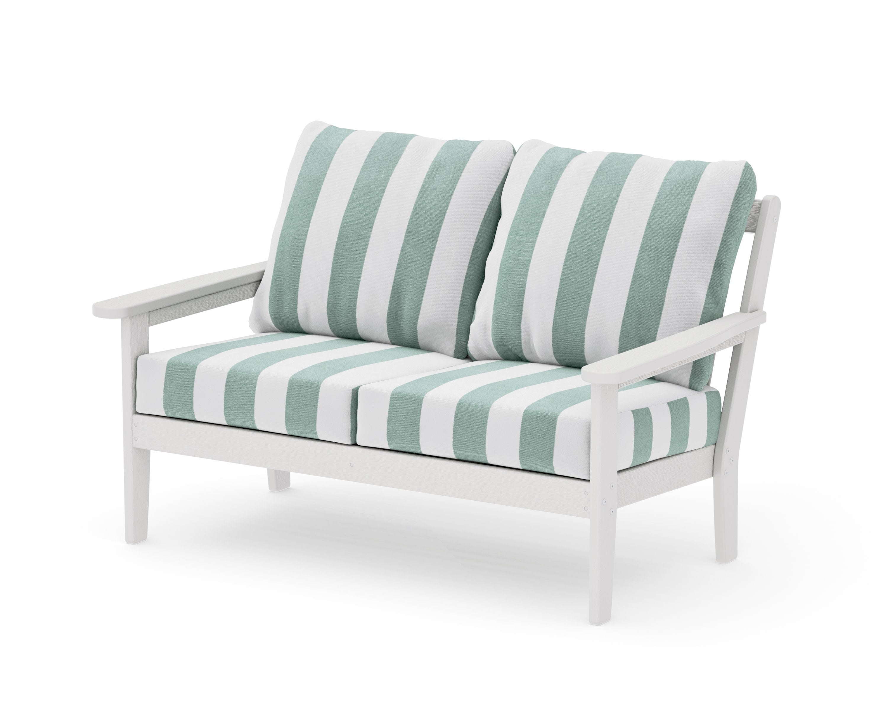 Cottage Deep Seating Loveseat in Vintage White / Cabana Stripe Glacier Spa