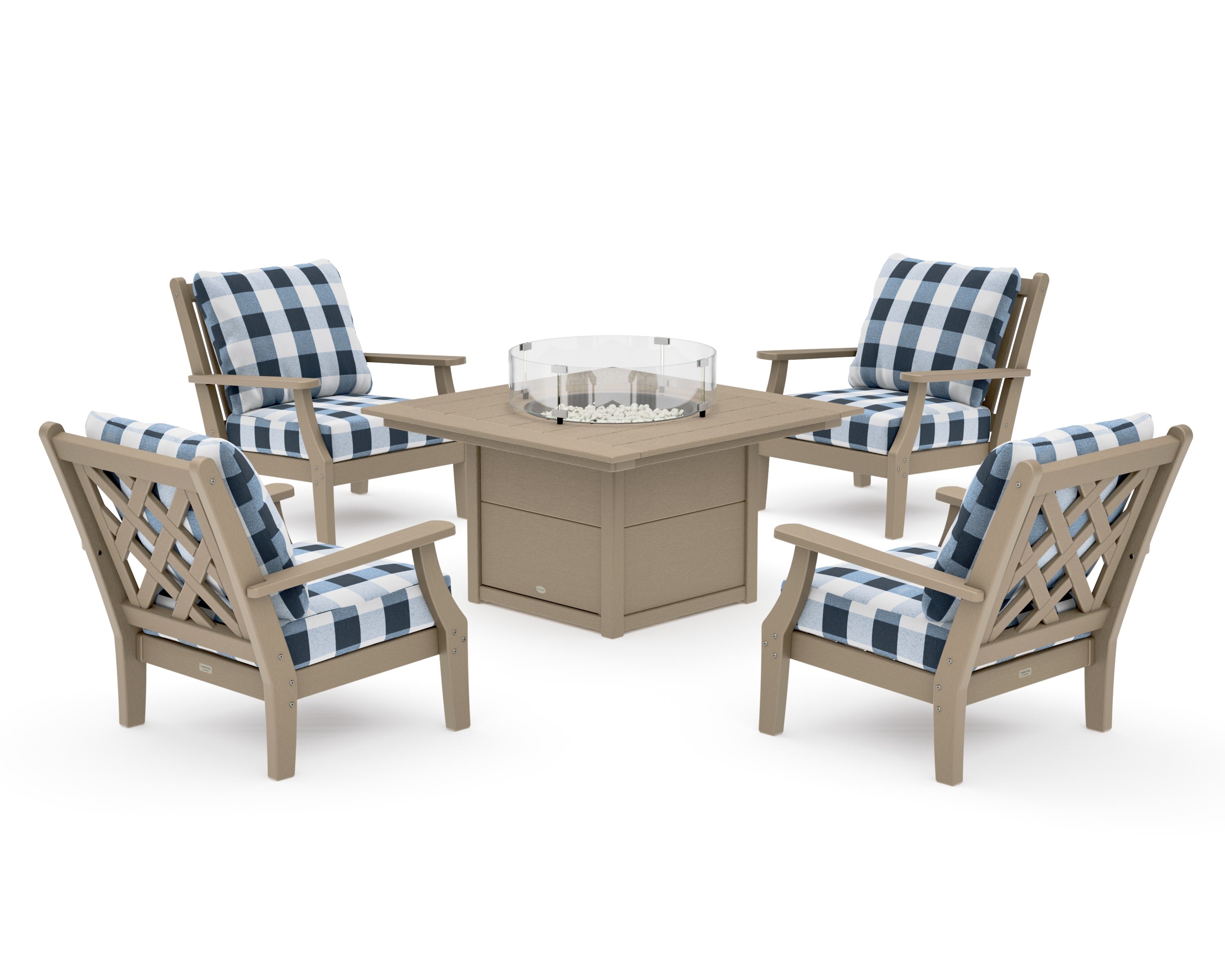 Wovendale 5-Piece Deep Seating Set with Fire Pit Table in Vintage Sahara / Buffalo Plaid Marine Indigo
