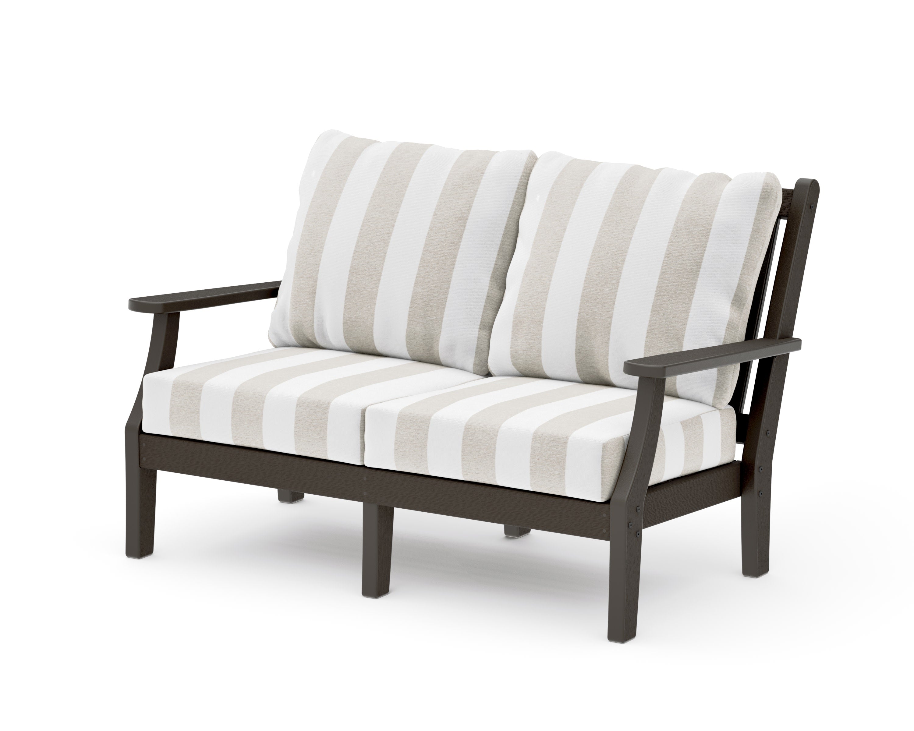 Wovendale Deep Seating Loveseat in Vintage Coffee / Cabana Stripe Dune Burlap