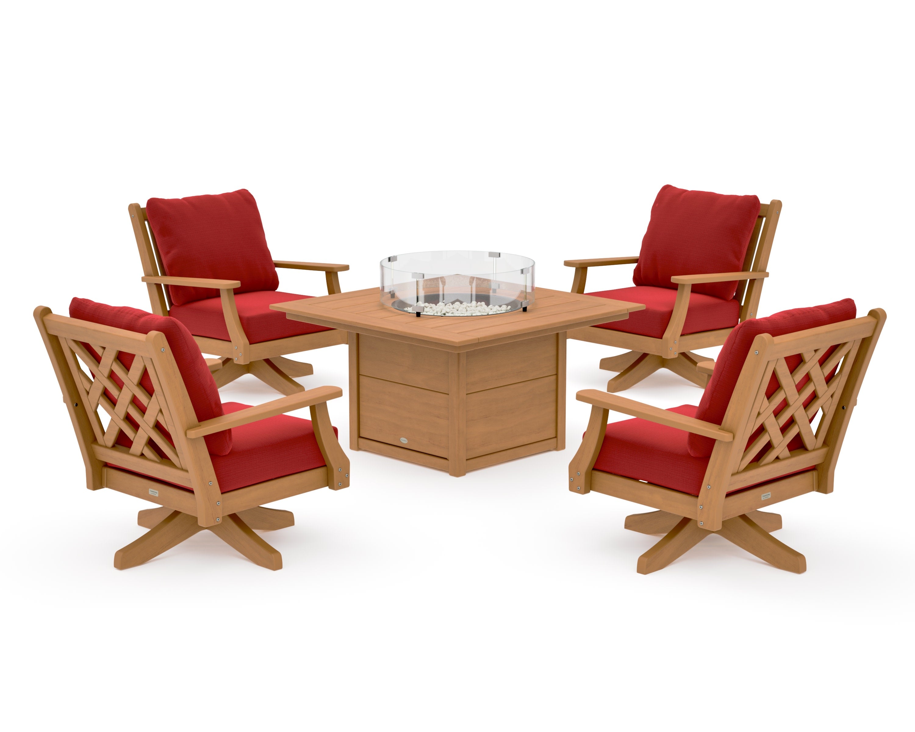 Wovendale 5-Piece Deep Seating Swivel Conversation Set with Fire Pit Table in Natural / Crimson Linen