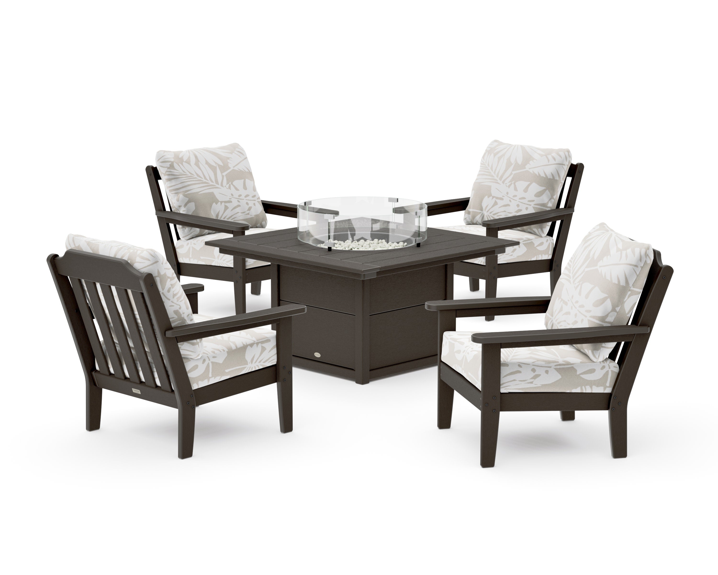 Cottage 5-Piece Deep Seating Set with Fire Pit Table in Vintage Coffee / Leaf Dune Burlap