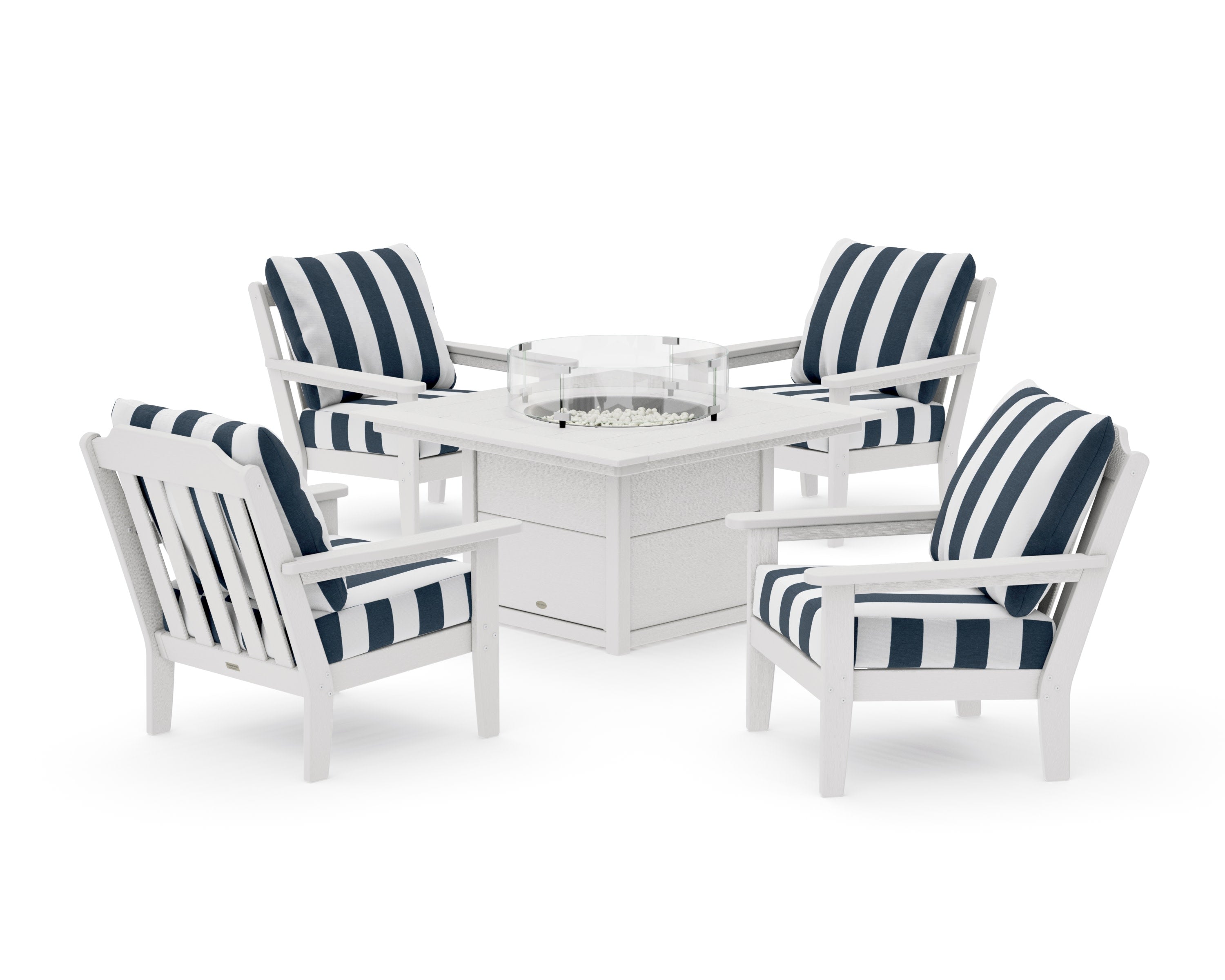 Cottage 5-Piece Deep Seating Set with Fire Pit Table in Vintage White / Cabana Stripe Marine Indigo