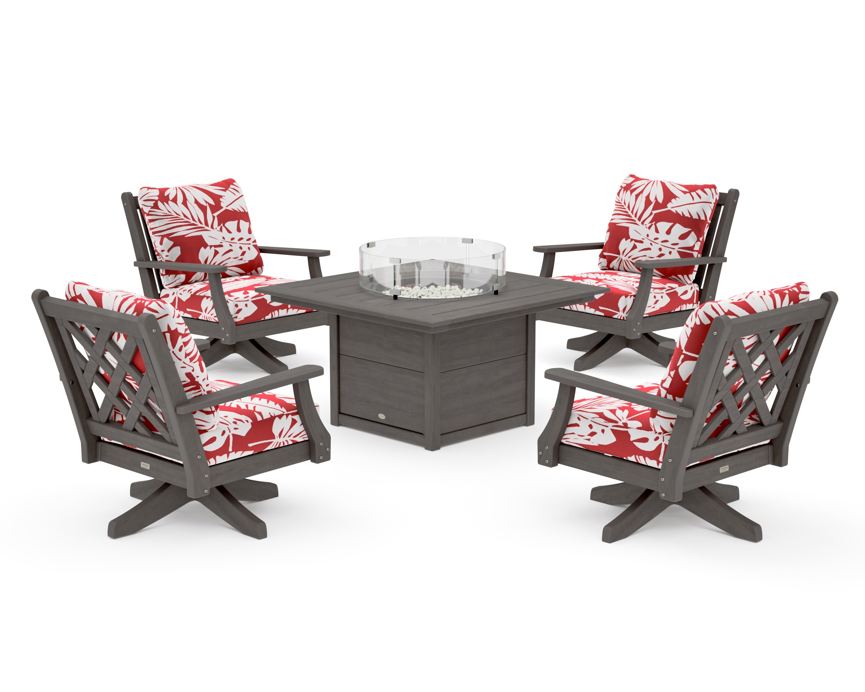 Wovendale 5-Piece Deep Seating Swivel Conversation Set with Fire Pit Table in Driftwood / Leaf Crimson