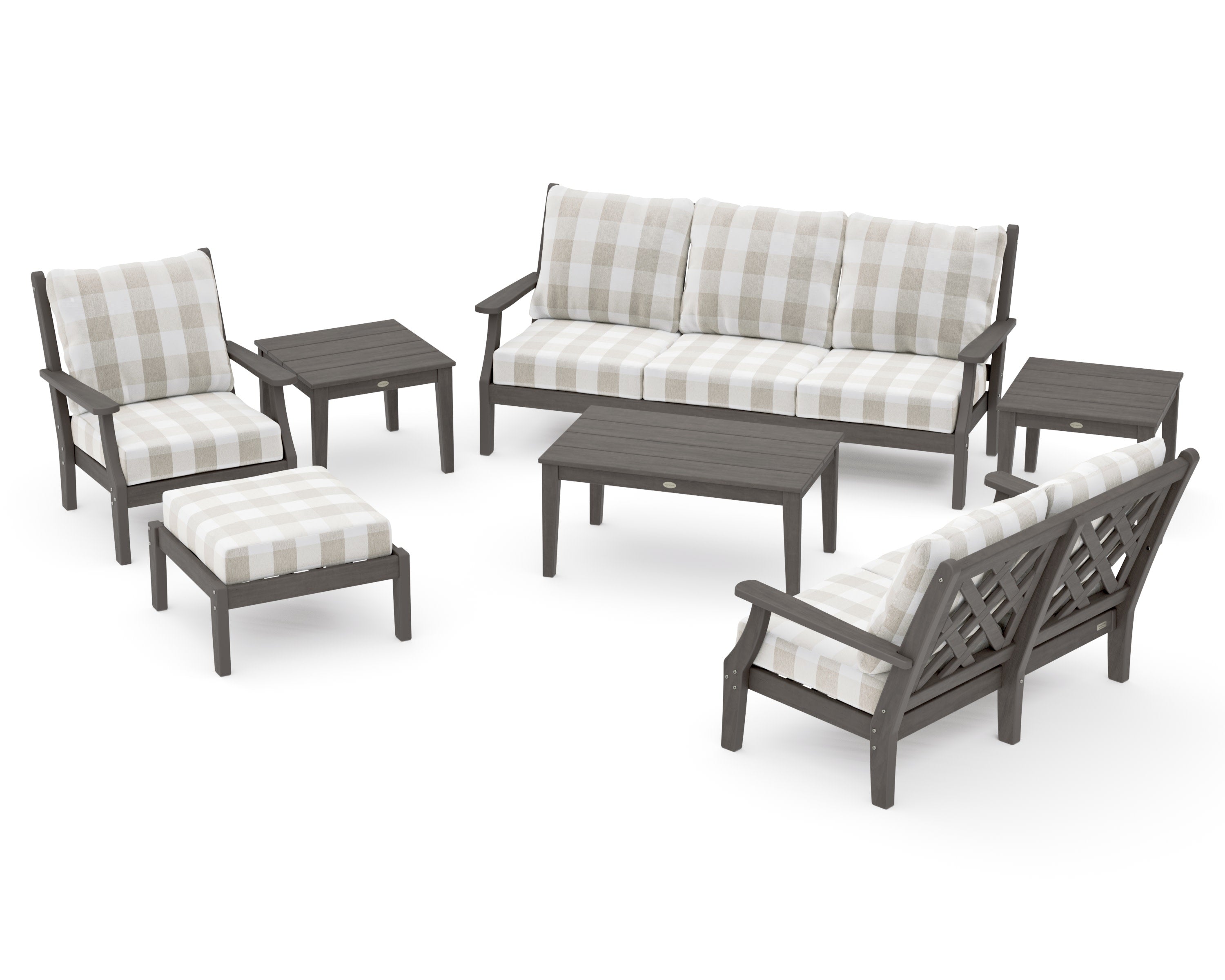 Wovendale 7-Piece Deep Seating Set in Driftwood / Buffalo Plaid Dune Burlap