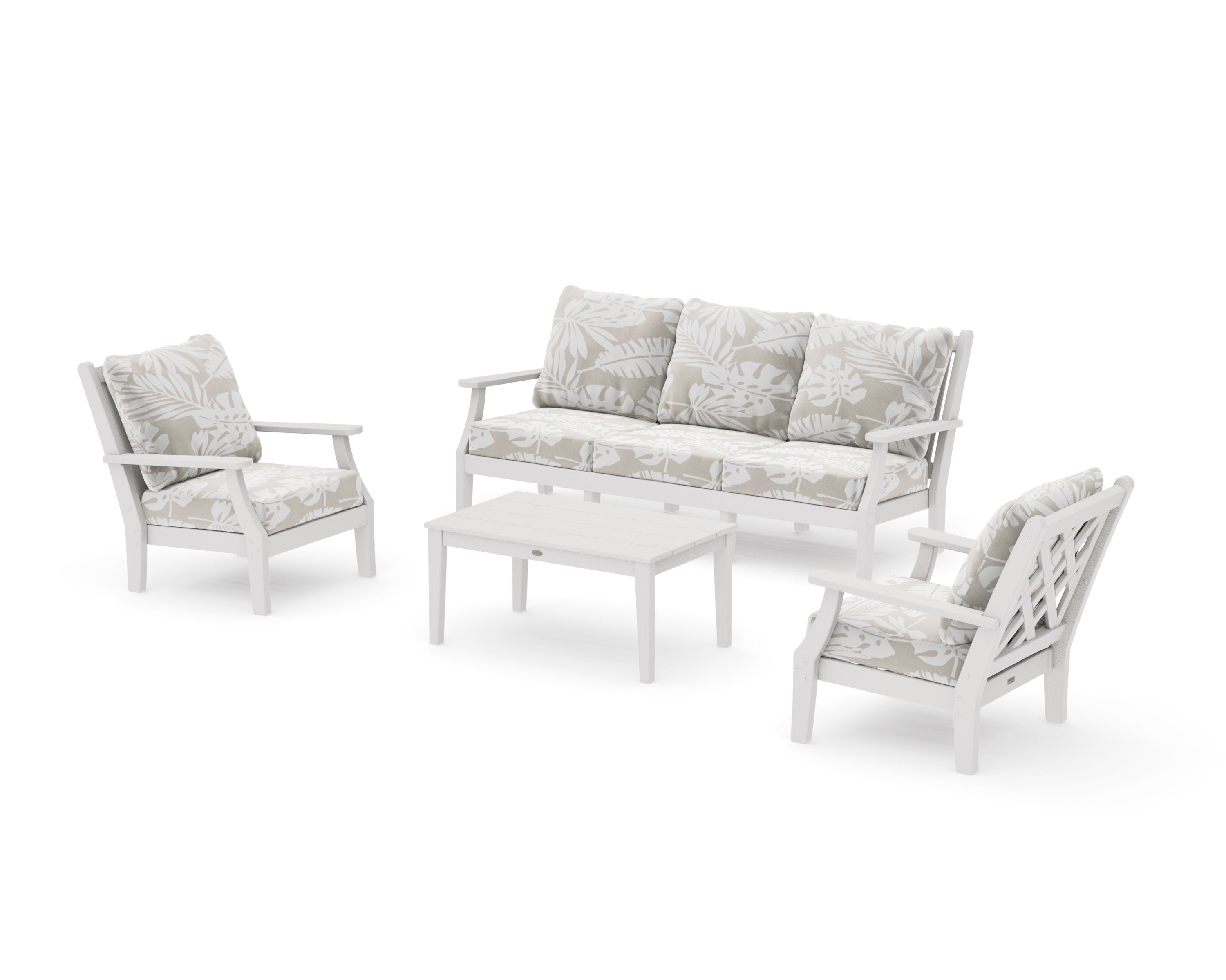 Wovendale 4-Piece Deep Seating Set with Sofa in Vintage White / Leaf Dune Burlap