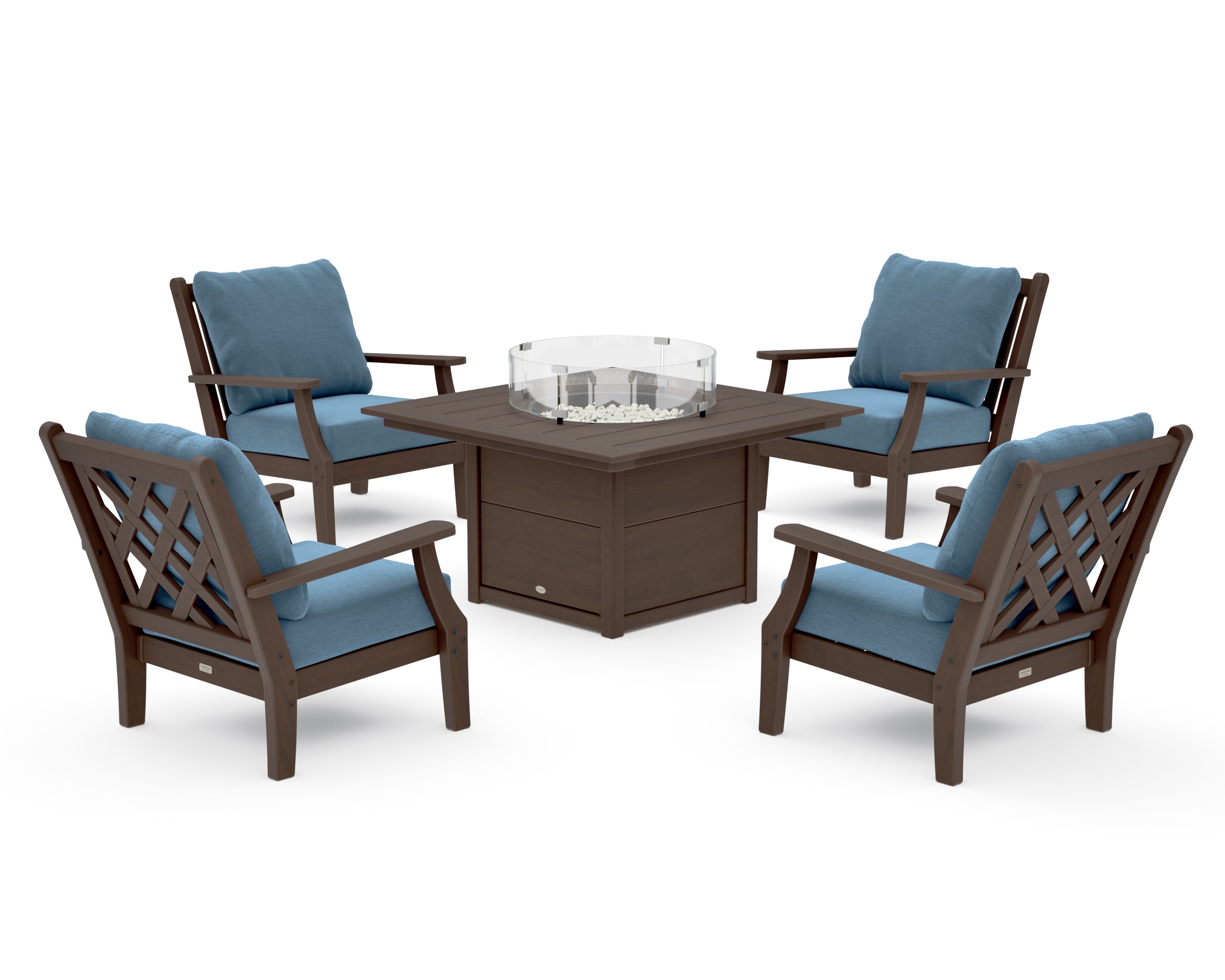 Wovendale 5-Piece Deep Seating Set with Fire Pit Table in Kona / Sky Blue
