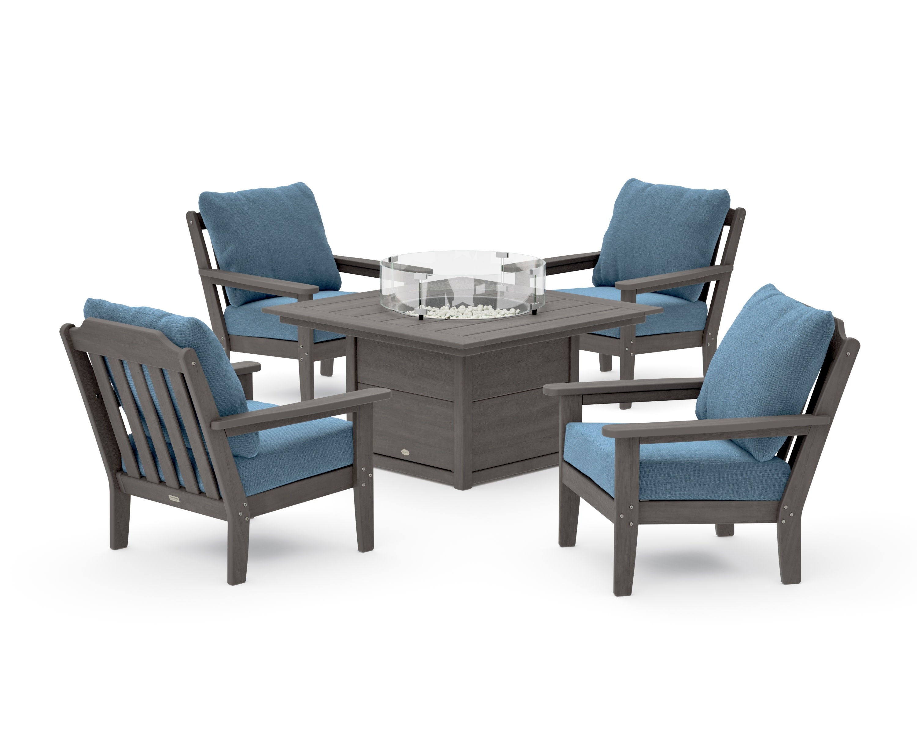 Cottage 5-Piece Deep Seating Set with Fire Pit Table in Driftwood / Sky Blue