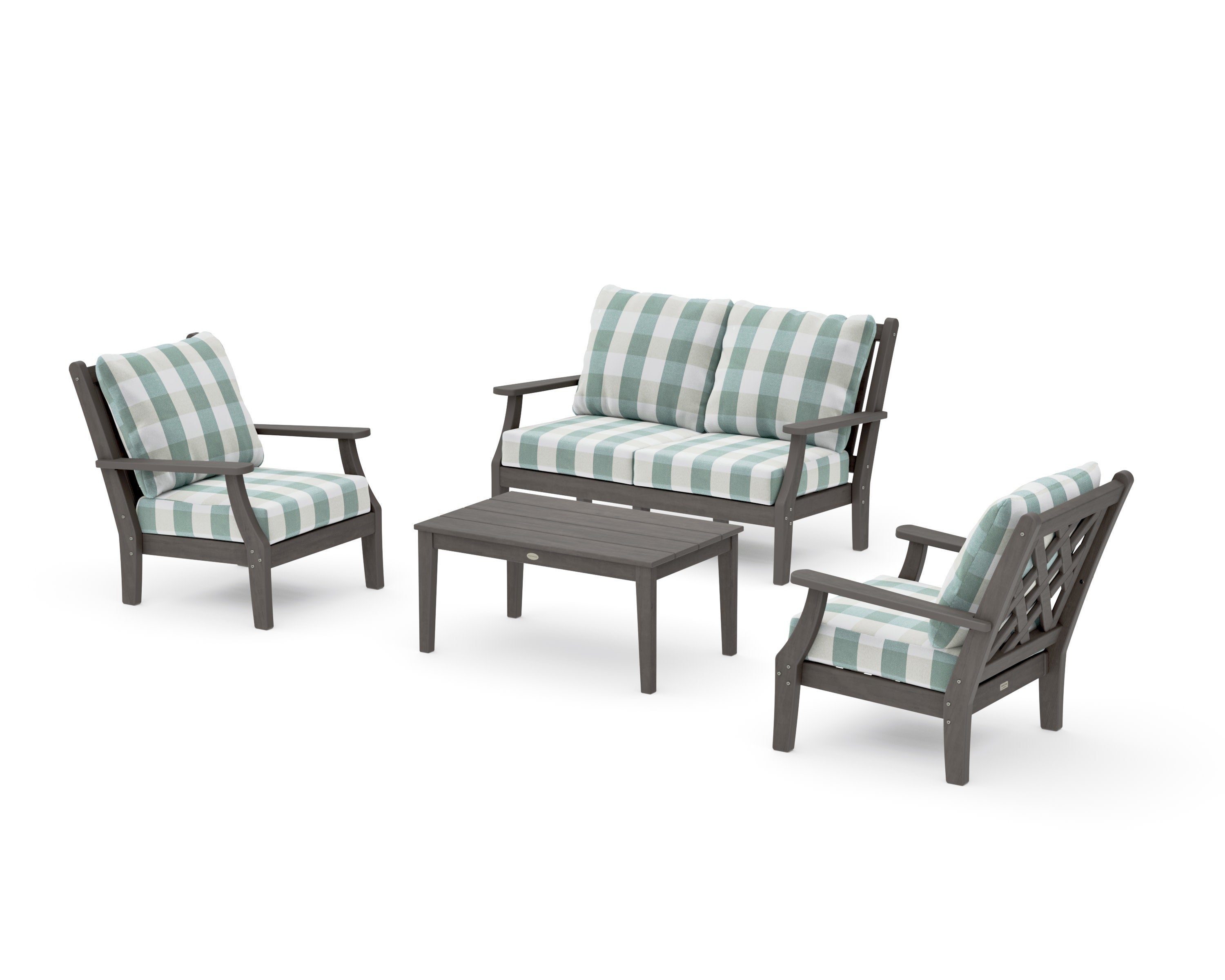 Wovendale 4-Piece Deep Seating Set with Loveseat in Driftwood / Buffalo Plaid Glacier Spa
