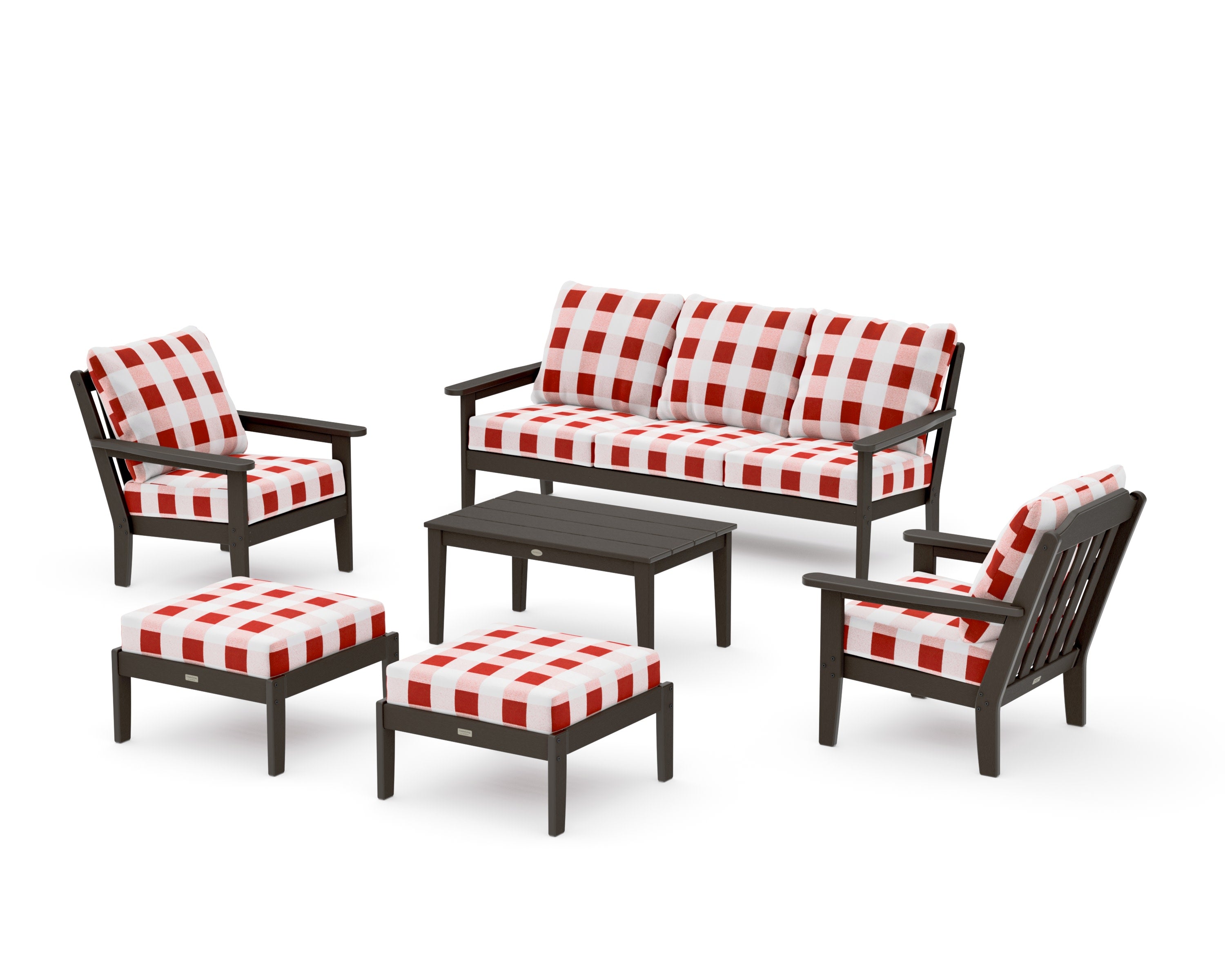 Cottage 6-Piece Lounge Sofa Set in Vintage Coffee / Buffalo Plaid Crimson