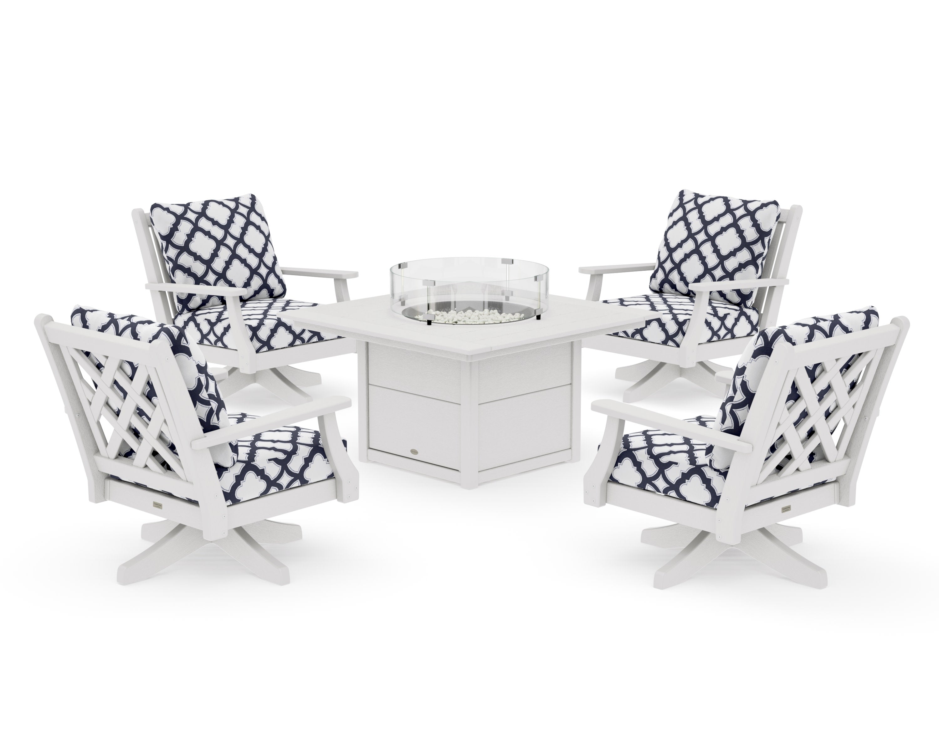 Wovendale 5-Piece Deep Seating Swivel Conversation Set with Fire Pit Table in Vintage White / Trellis Navy