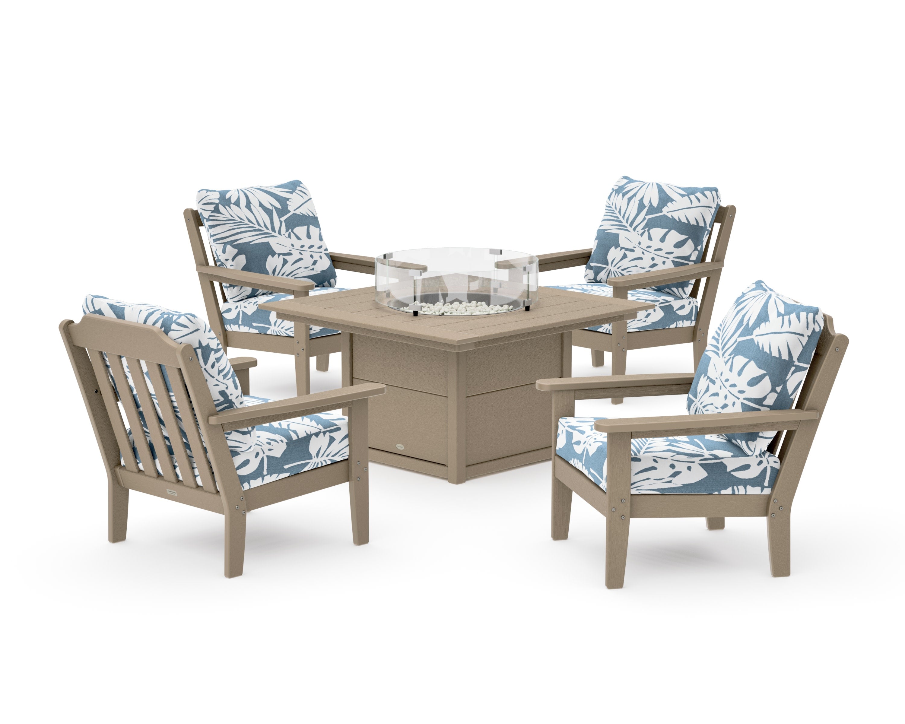 Cottage 5-Piece Deep Seating Set with Fire Pit Table in Vintage Sahara / Leaf Sky Blue