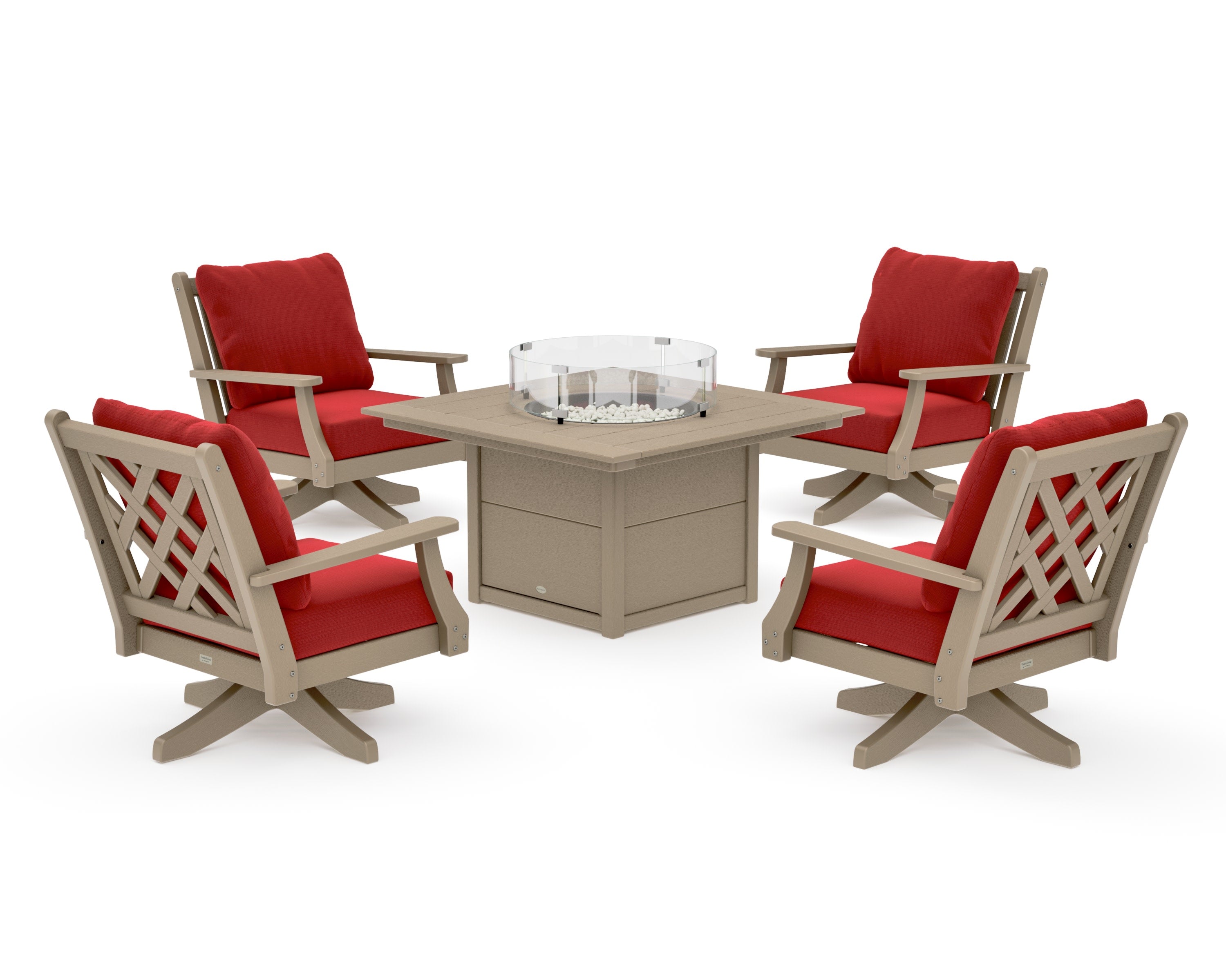 Wovendale 5-Piece Deep Seating Swivel Conversation Set with Fire Pit Table in Vintage Sahara / Crimson Linen