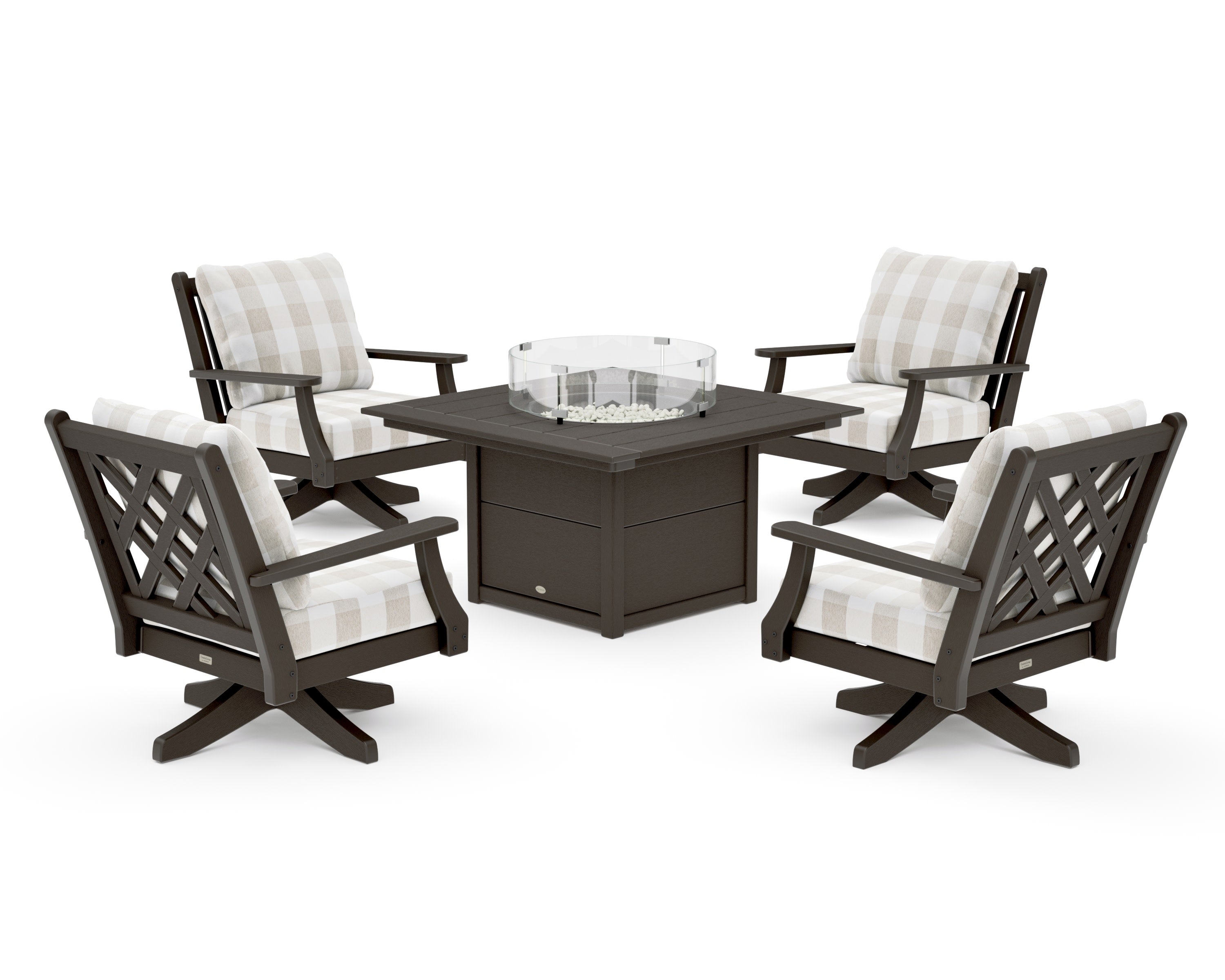 Wovendale 5-Piece Deep Seating Swivel Conversation Set with Fire Pit Table in Vintage Coffee / Buffalo Plaid Dune Burlap