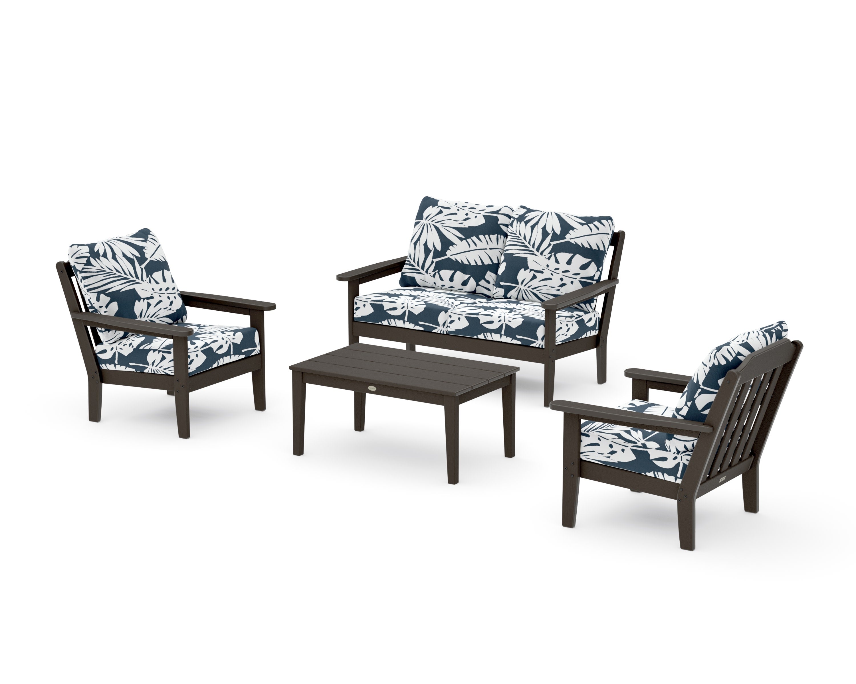 Cottage 4-Piece Deep Seating Set with Loveseat in Vintage Coffee / Leaf Marine Indigo