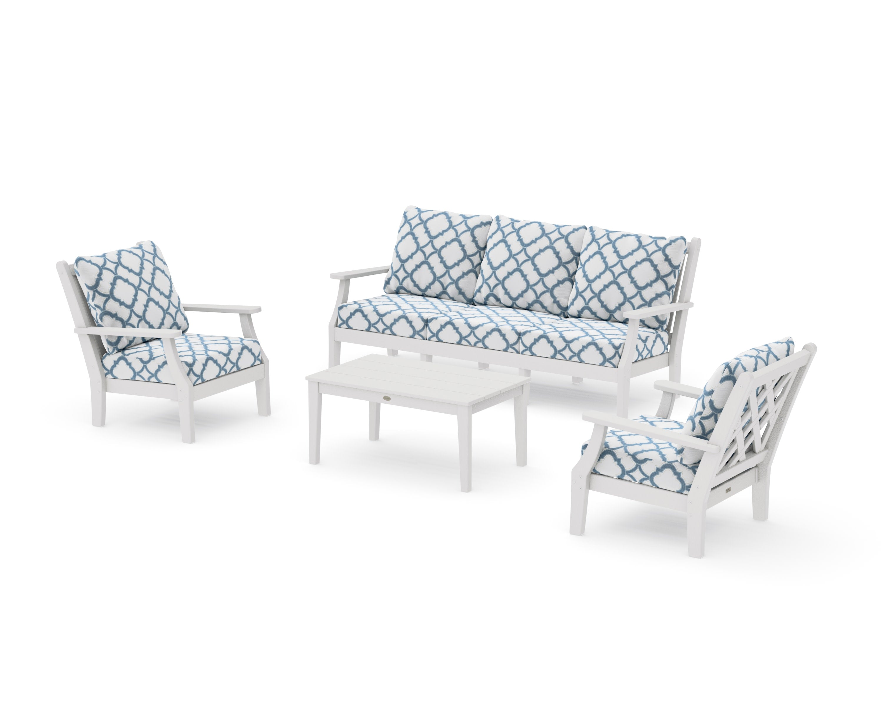 Wovendale 4-Piece Deep Seating Set with Sofa in Vintage White / Trellis Sky Blue