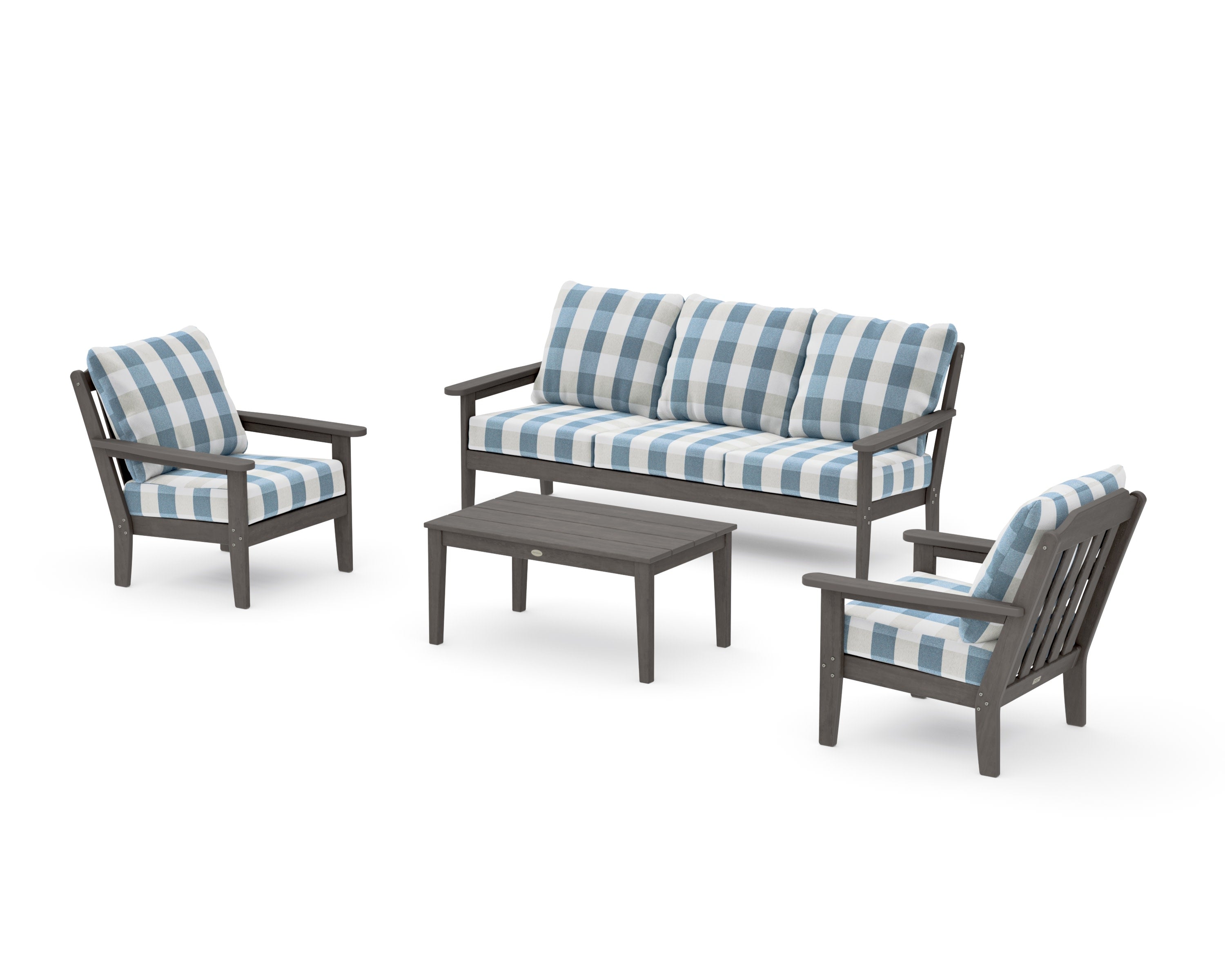 Cottage 4-Piece Deep Seating Set with Sofa in Driftwood / Buffalo Plaid Sky Blue