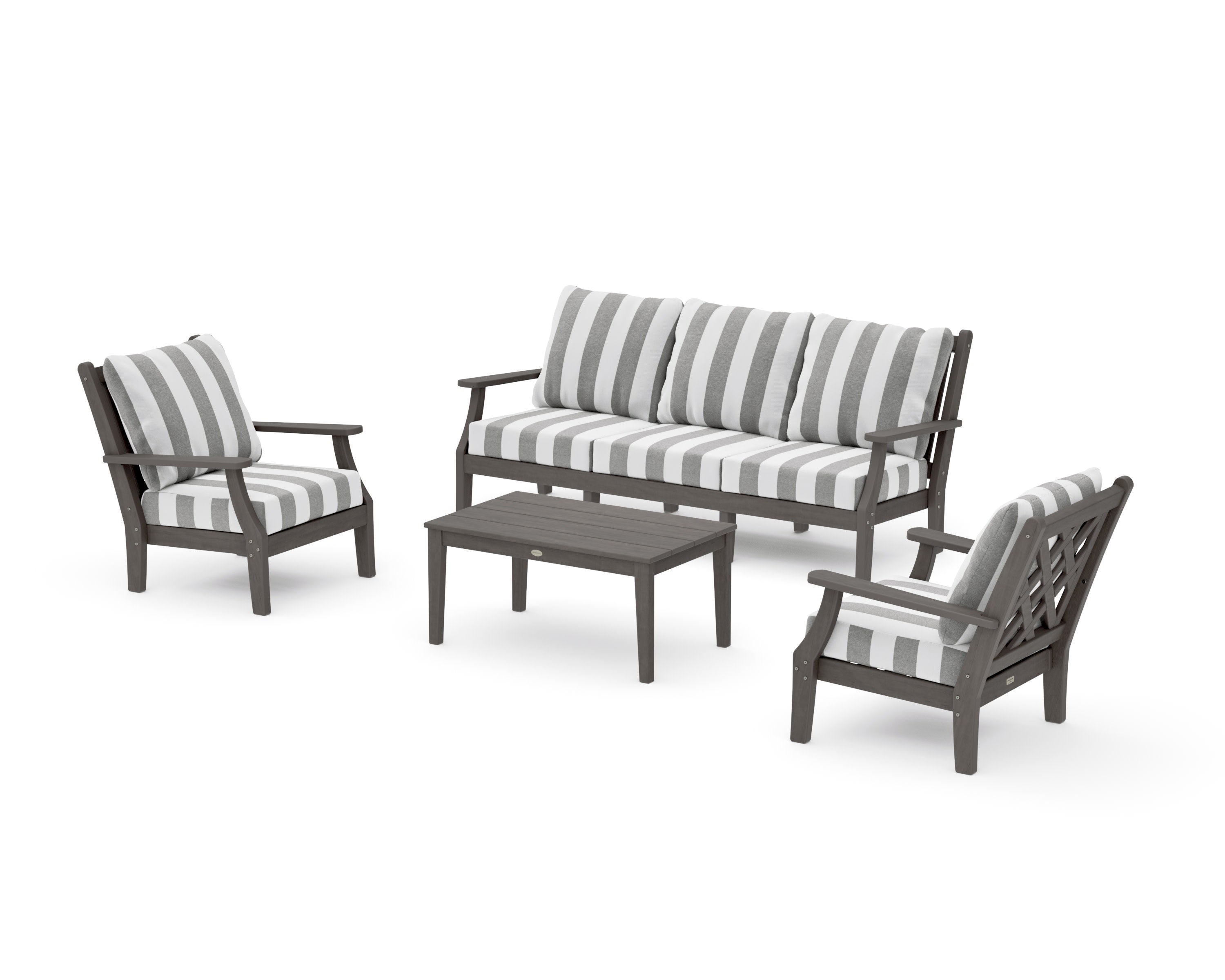 Wovendale 4-Piece Deep Seating Set with Sofa in Driftwood / Cabana Stripe Grey Mist