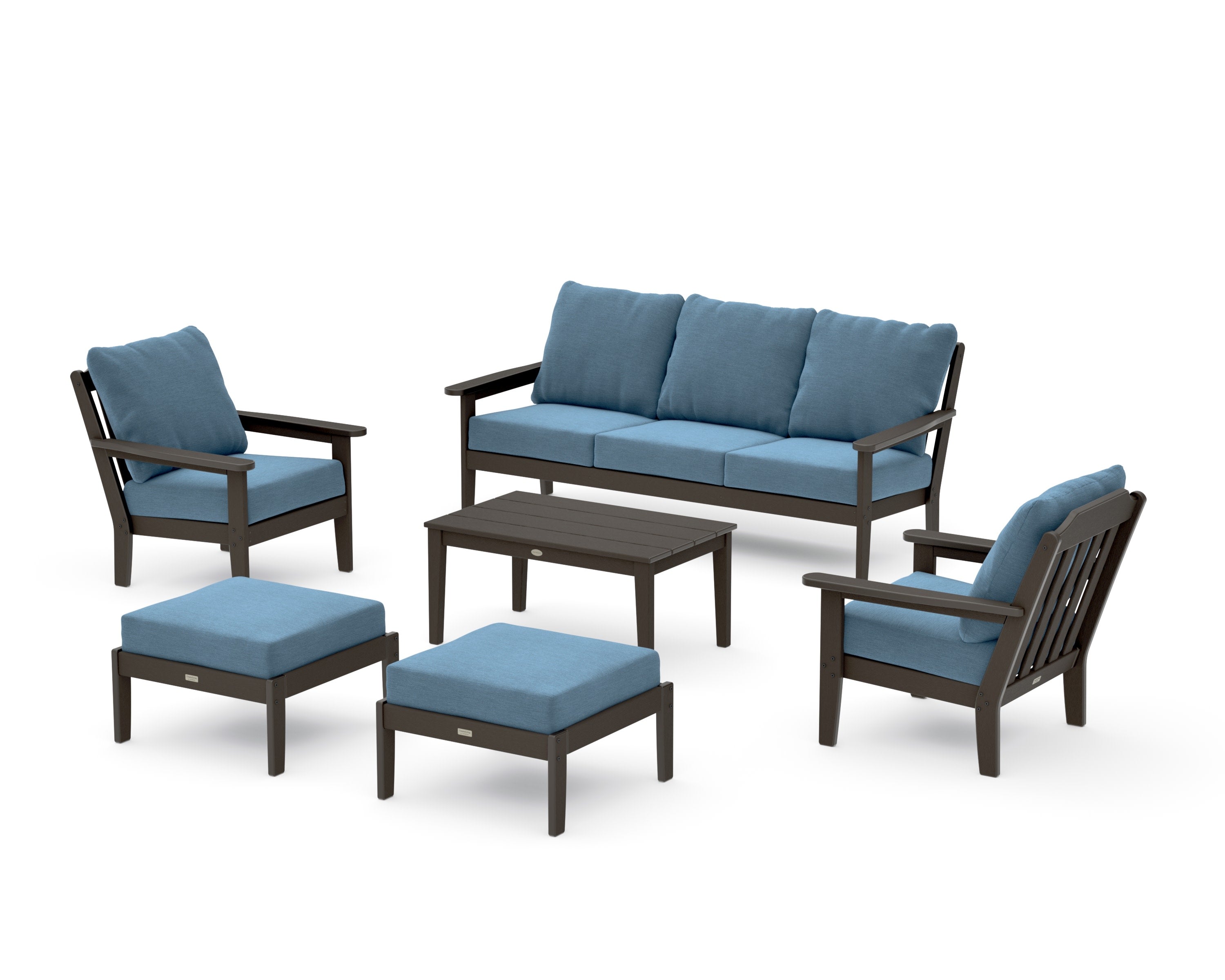 Cottage 6-Piece Lounge Sofa Set in Vintage Coffee / Sky Blue