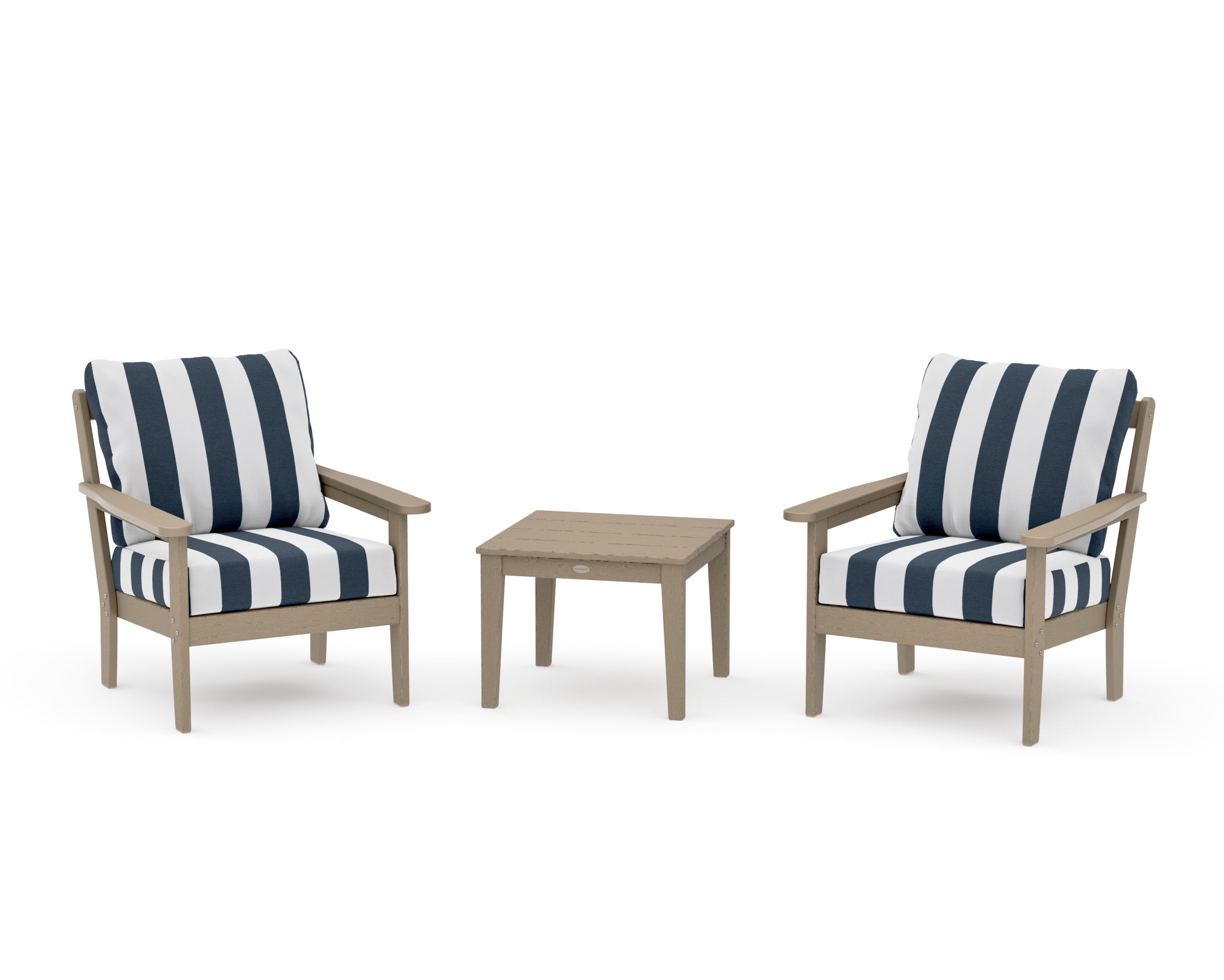 Cottage 3-Piece Deep Seating Set in Vintage Sahara / Cabana Stripe Marine Indigo