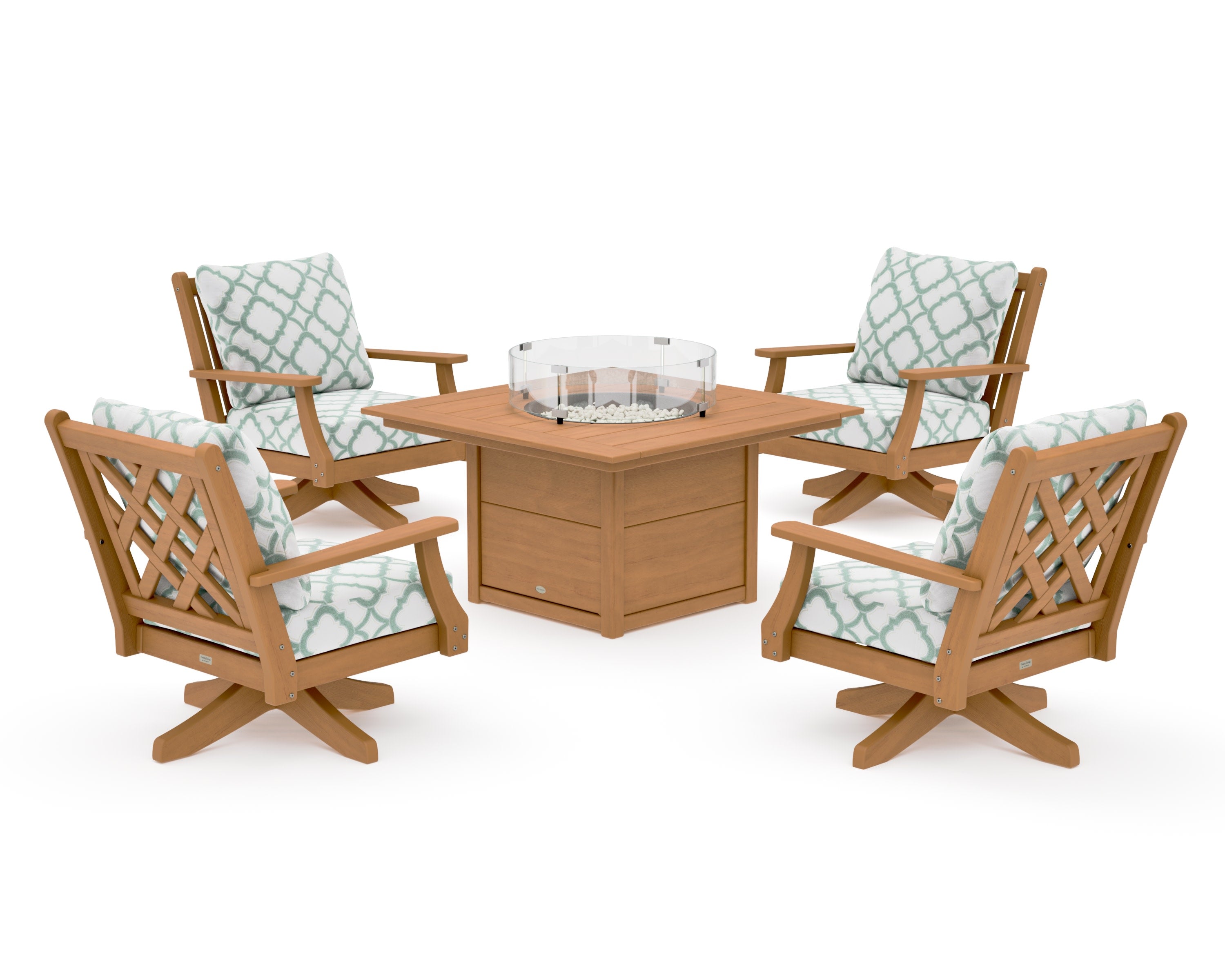 Wovendale 5-Piece Deep Seating Swivel Conversation Set with Fire Pit Table in Natural / Trellis Glacier Spa
