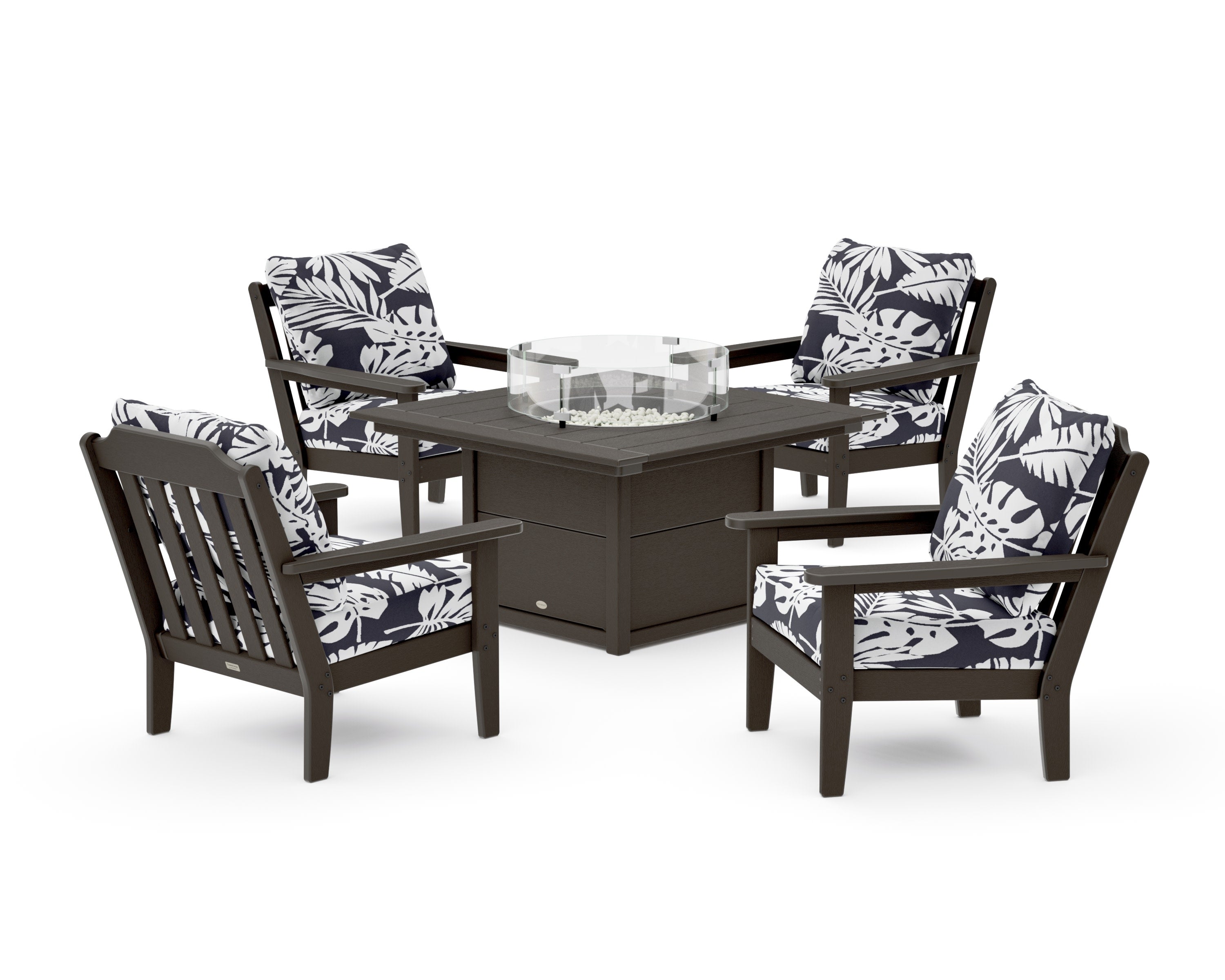 Cottage 5-Piece Deep Seating Set with Fire Pit Table in Vintage Coffee / Leaf Navy