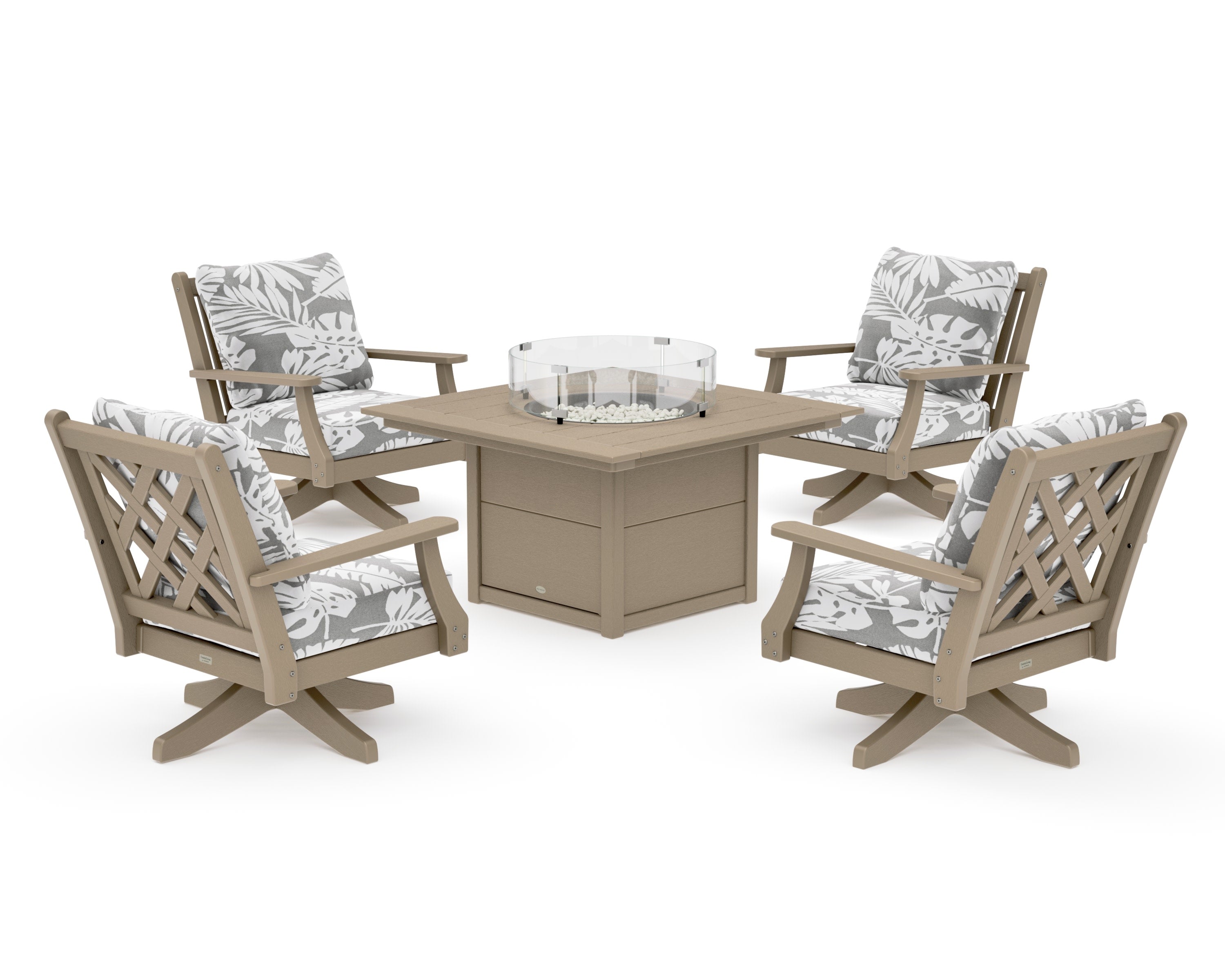 Wovendale 5-Piece Deep Seating Swivel Conversation Set with Fire Pit Table in Vintage Sahara / Leaf Grey Mist