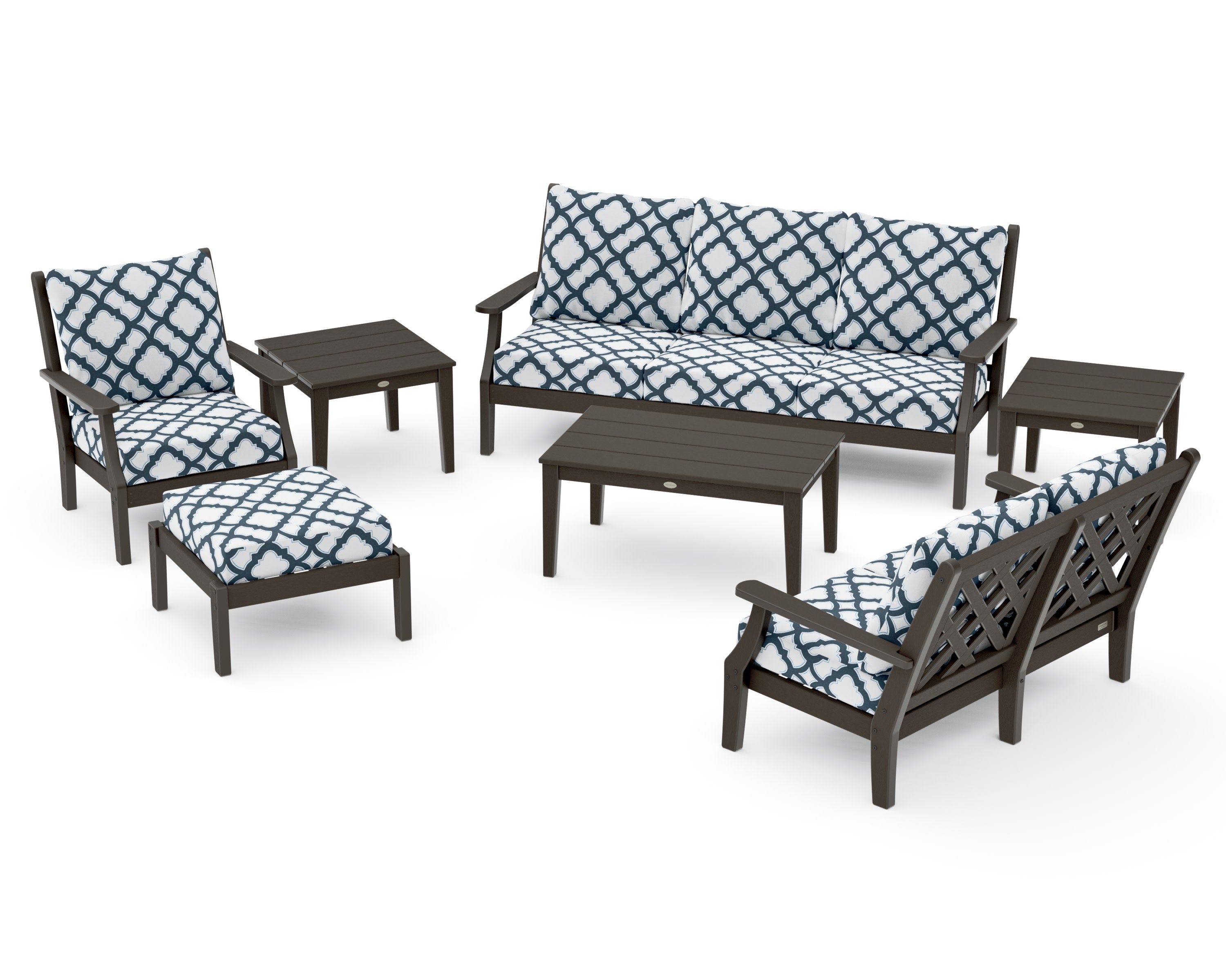 Wovendale 7-Piece Deep Seating Set in Vintage Coffee / Trellis Marine Indigo