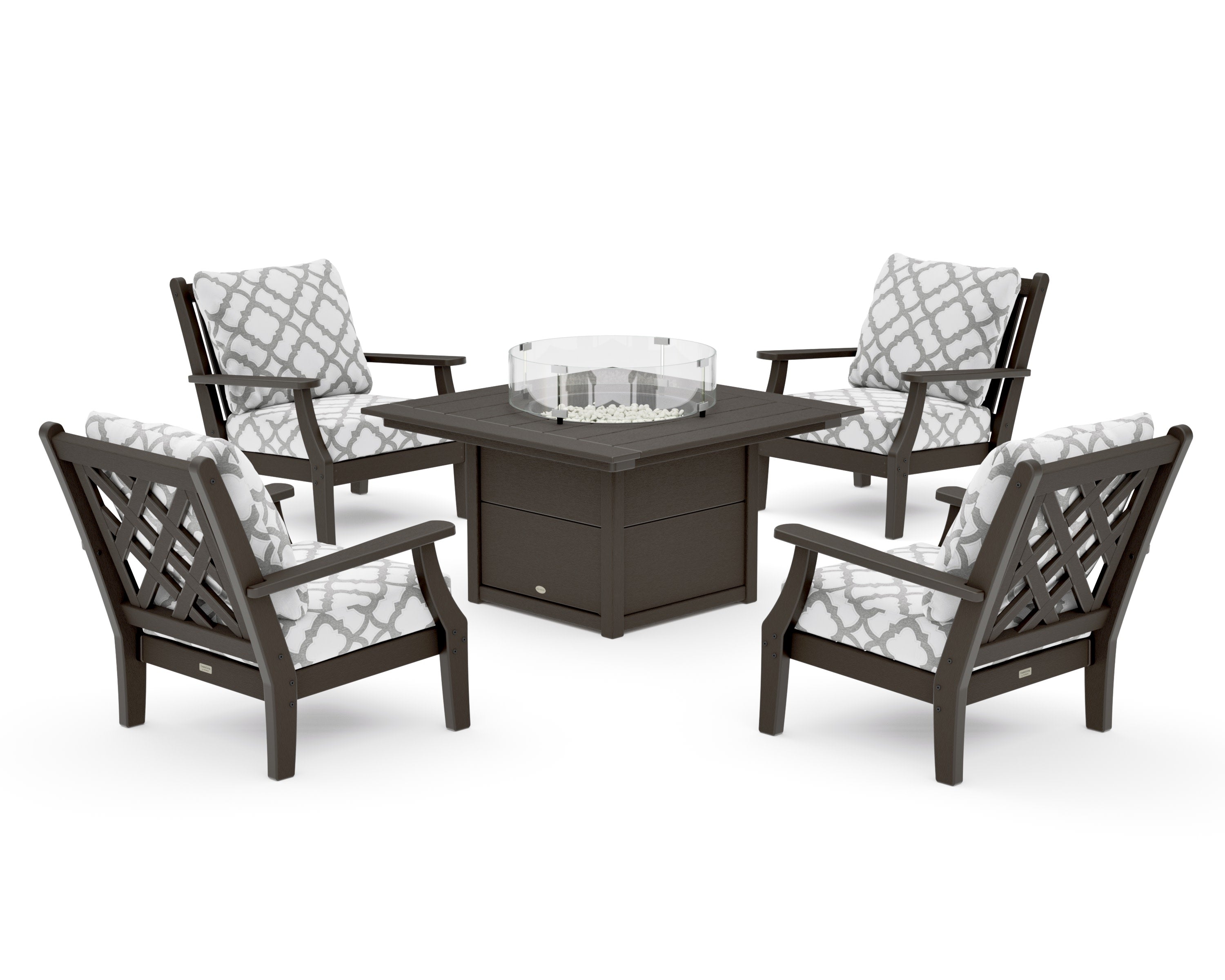 Wovendale 5-Piece Deep Seating Set with Fire Pit Table in Vintage Coffee / Trellis Grey Mist