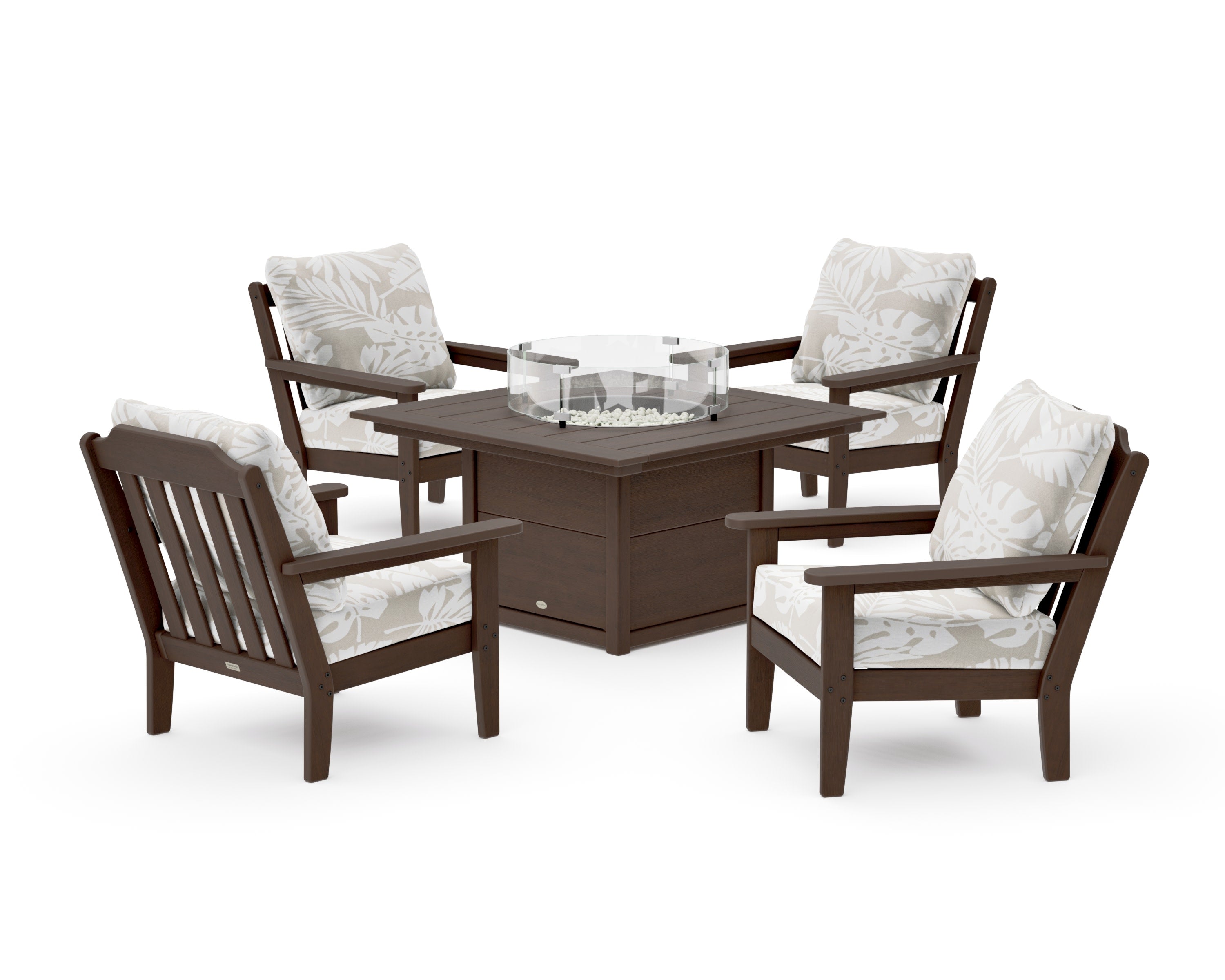 Cottage 5-Piece Deep Seating Set with Fire Pit Table in Kona / Leaf Dune Burlap