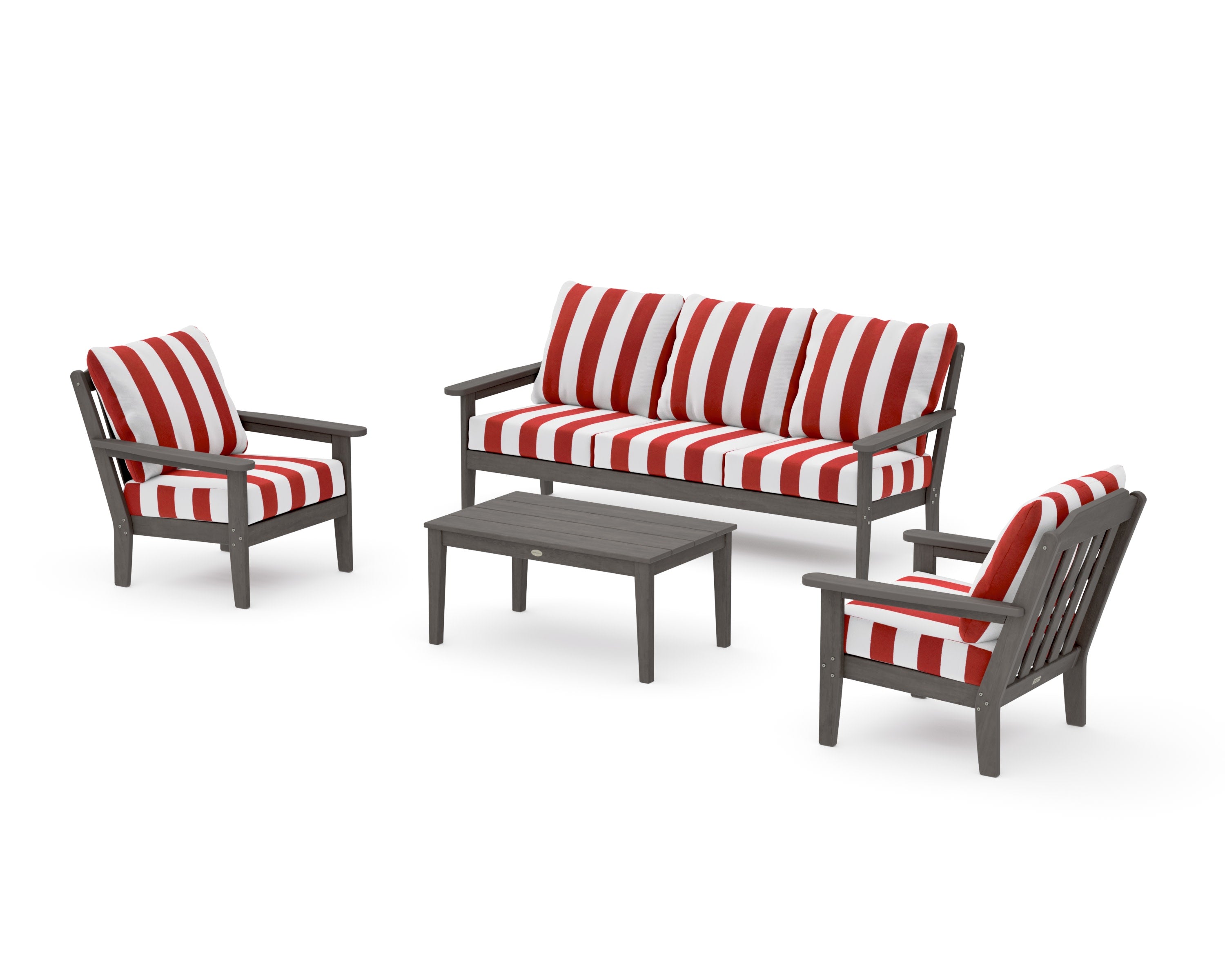 Cottage 4-Piece Deep Seating Set with Sofa in Driftwood / Cabana Stripe Crimson