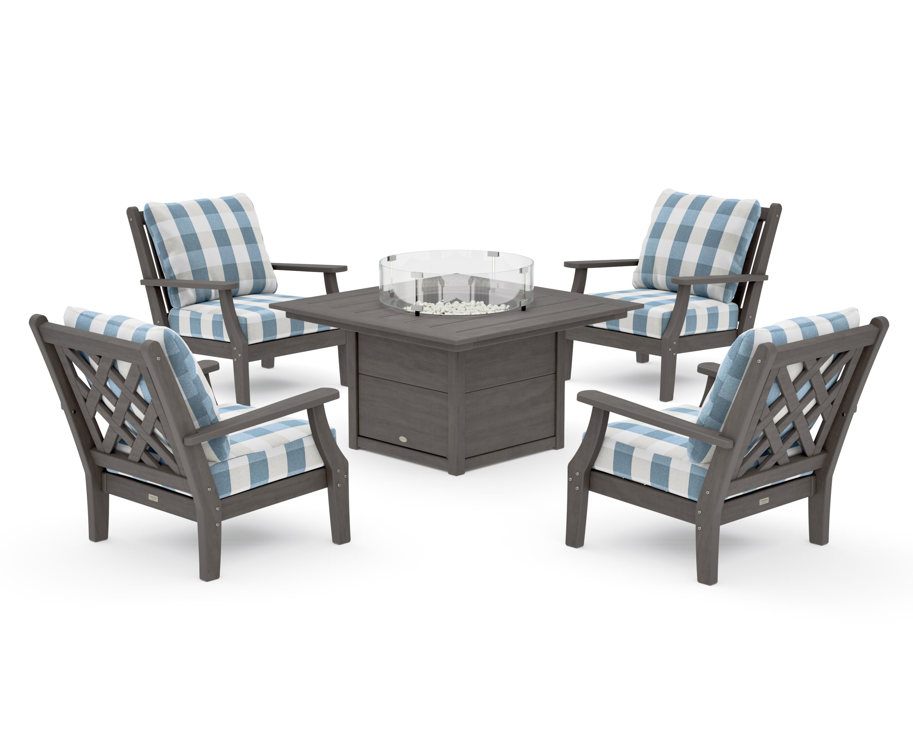 Wovendale 5-Piece Deep Seating Set with Fire Pit Table in Driftwood / Buffalo Plaid Sky Blue