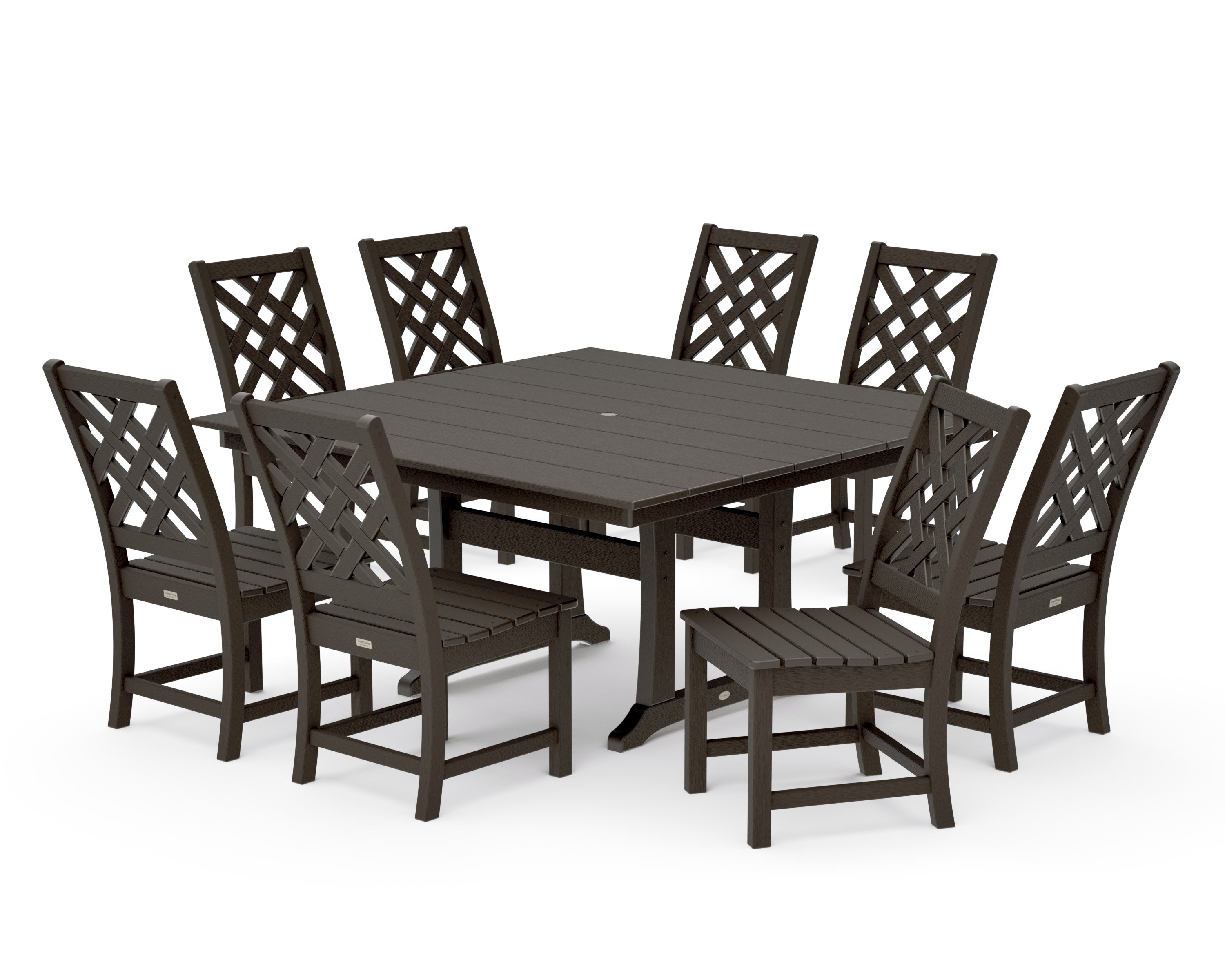 Wovendale Side Chair 9-Piece Square Farmhouse Dining Set with Trestle Legs in Vintage Coffee