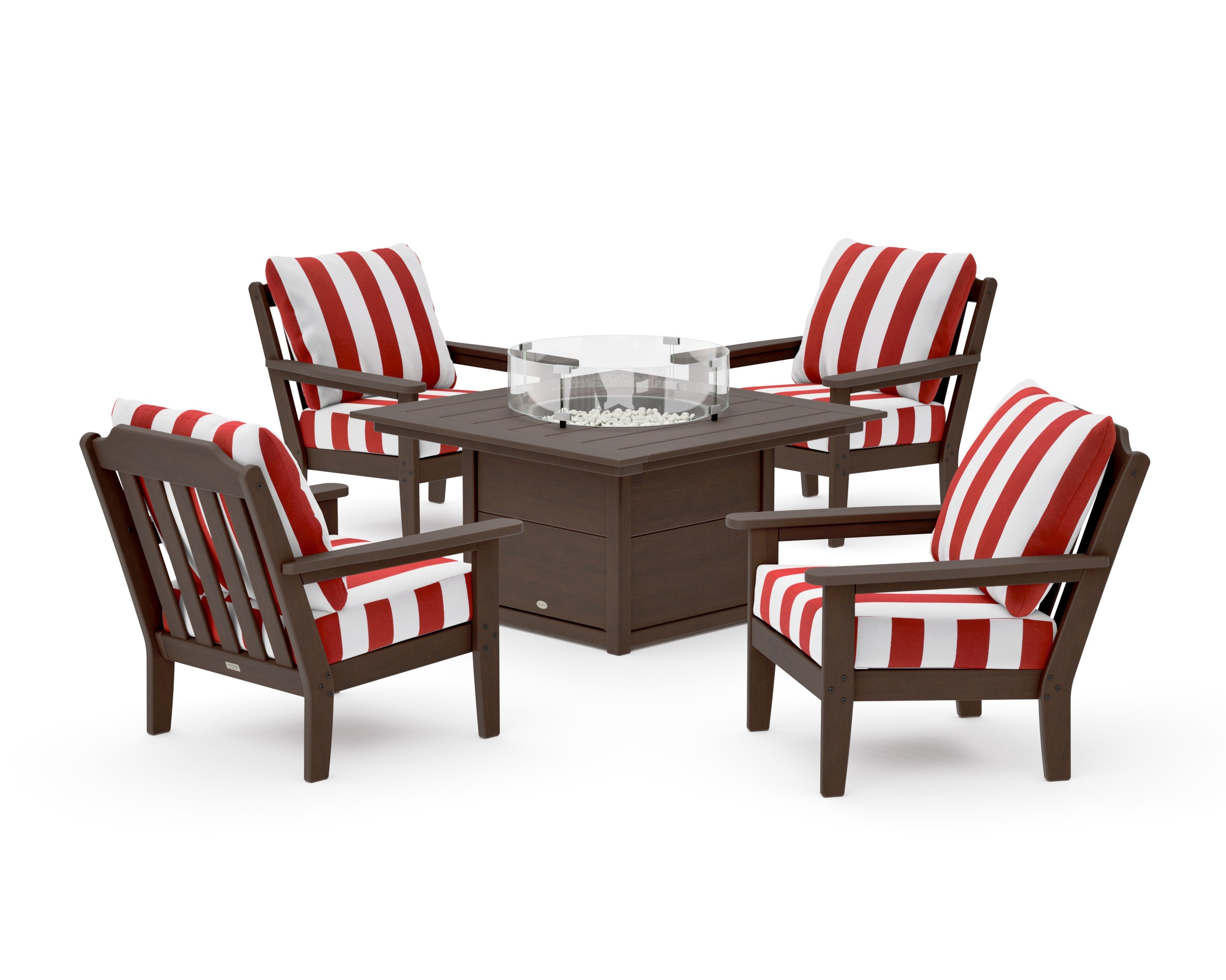 Cottage 5-Piece Deep Seating Set with Fire Pit Table in Kona / Cabana Stripe Crimson
