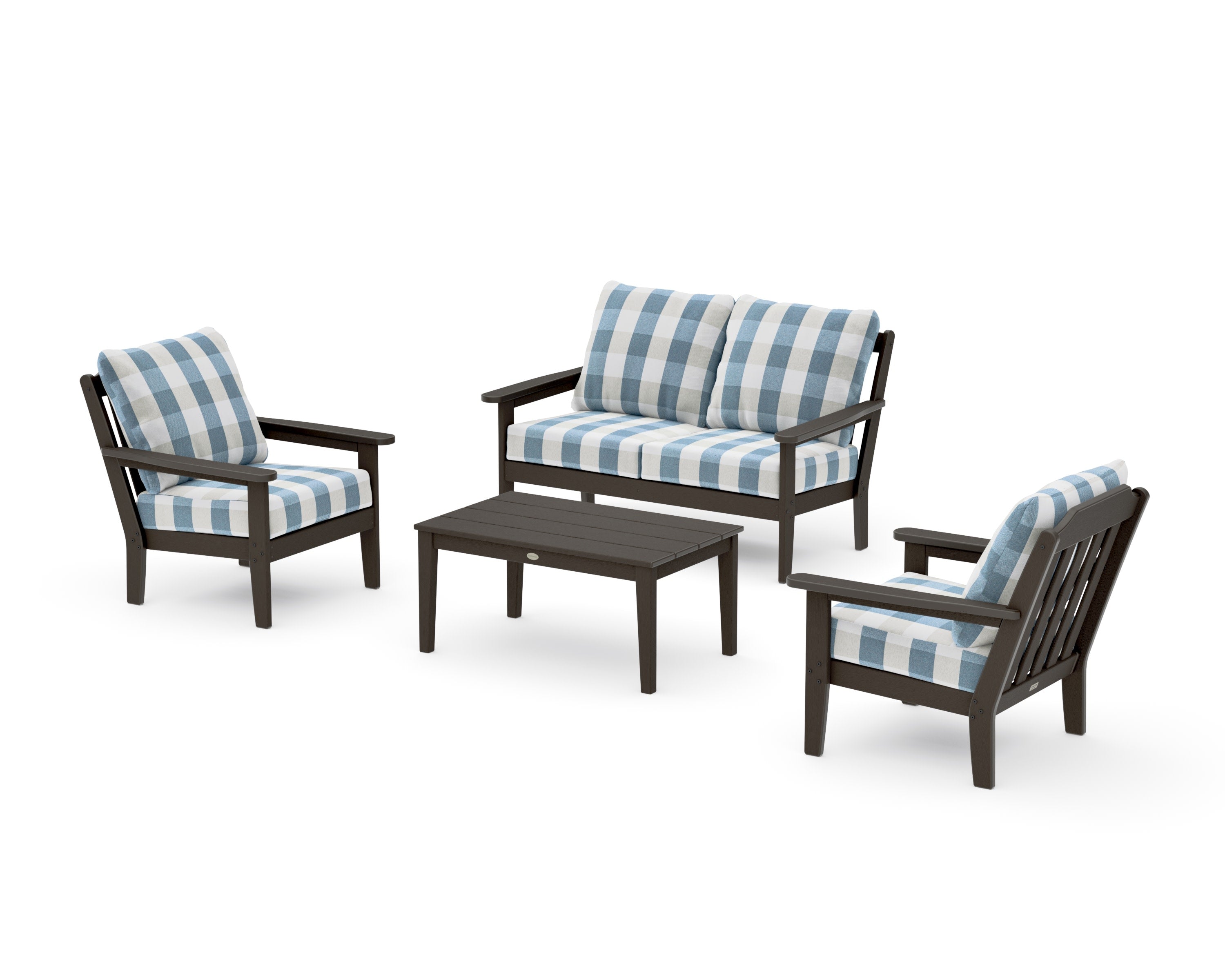 Cottage 4-Piece Deep Seating Set with Loveseat in Vintage Coffee / Buffalo Plaid Sky Blue