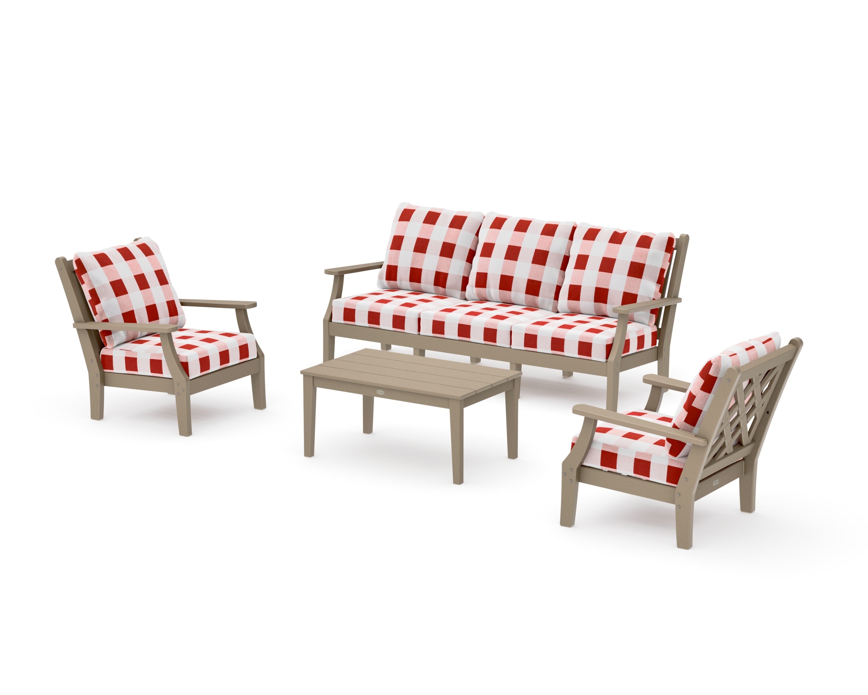 Wovendale 4-Piece Deep Seating Set with Sofa in Vintage Sahara / Buffalo Plaid Crimson
