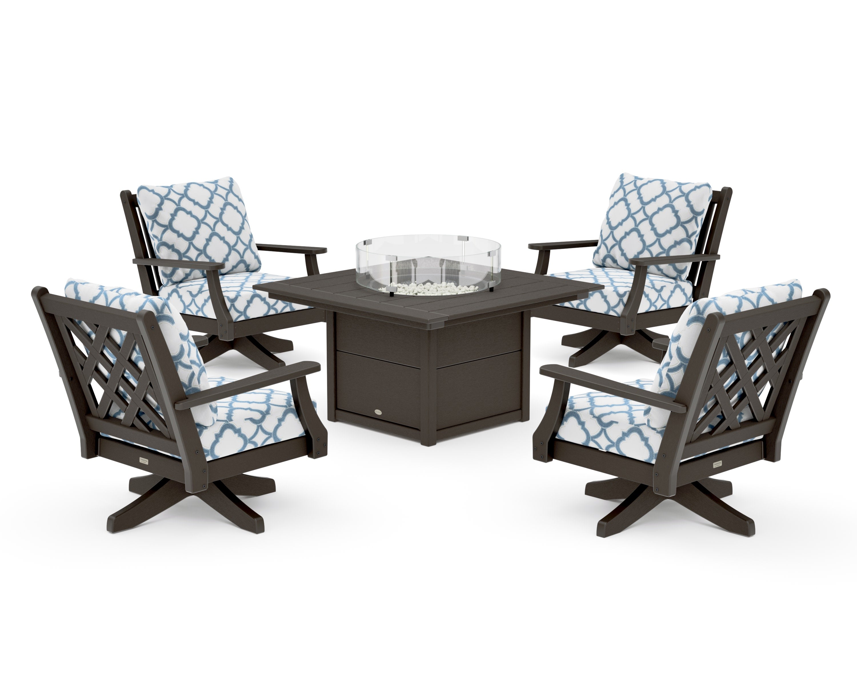 Wovendale 5-Piece Deep Seating Swivel Conversation Set with Fire Pit Table in Vintage Coffee / Trellis Sky Blue