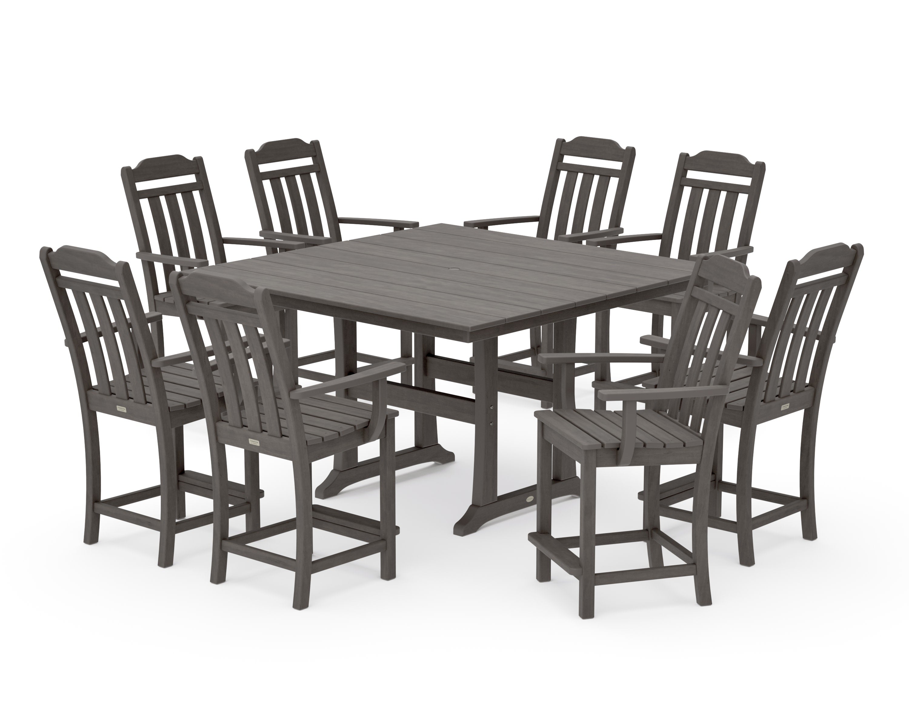 Cottage 9-Piece Square Farmhouse Counter Set with Trestle Legs in Driftwood