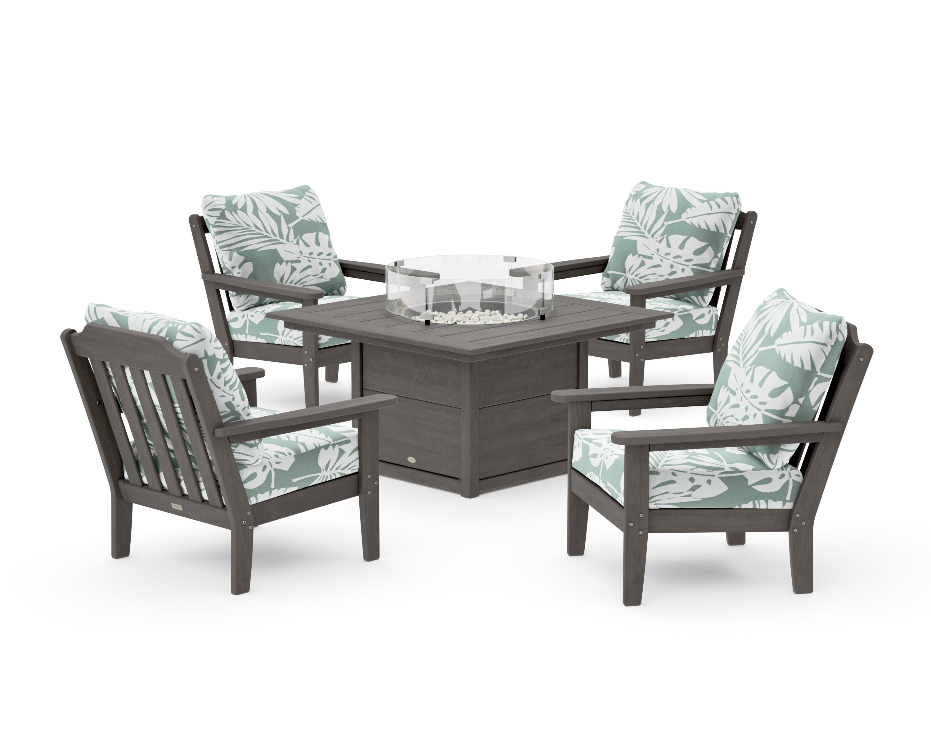 Cottage 5-Piece Deep Seating Set with Fire Pit Table in Driftwood / Leaf Glacier Spa
