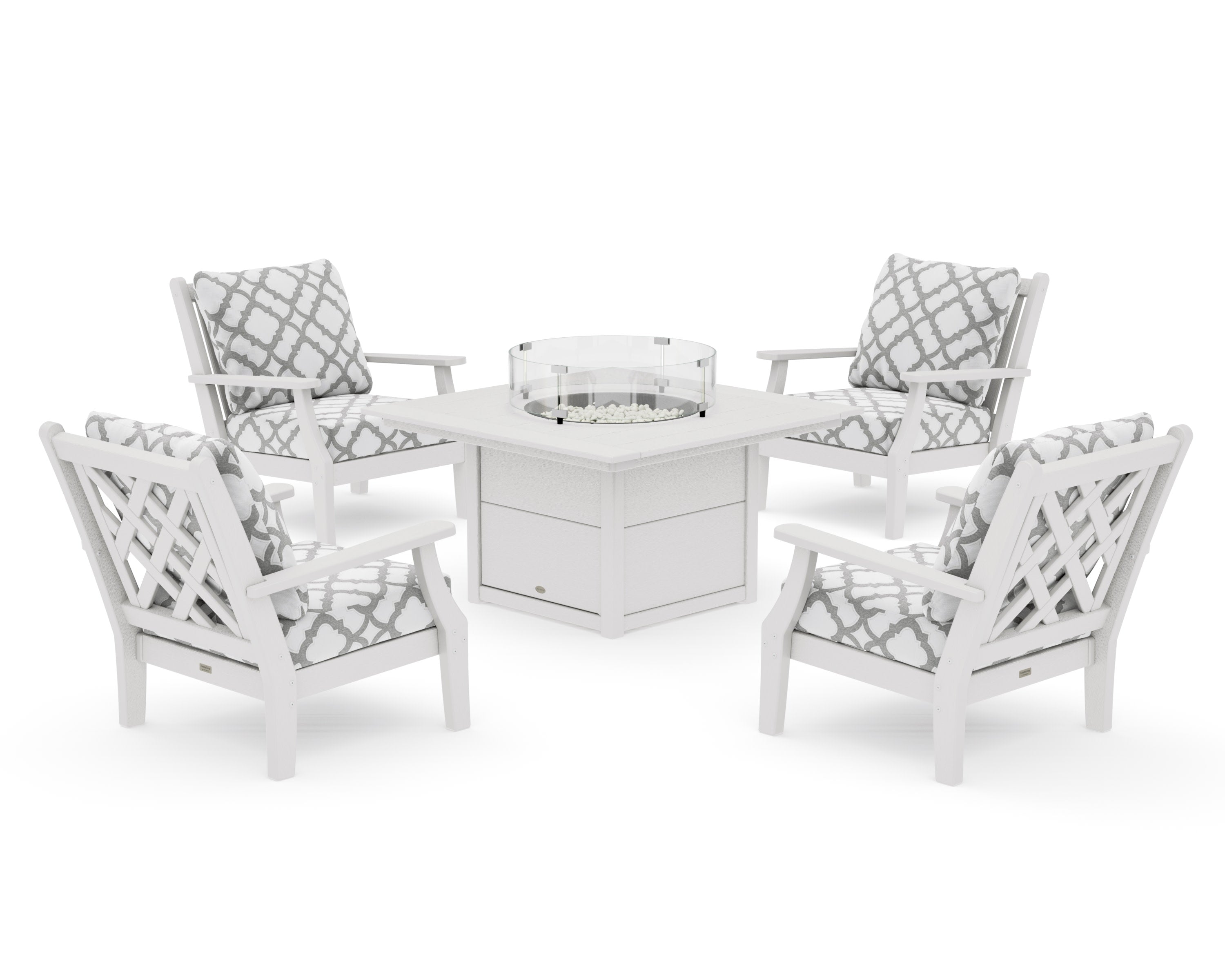 Wovendale 5-Piece Deep Seating Set with Fire Pit Table in Vintage White / Trellis Grey Mist