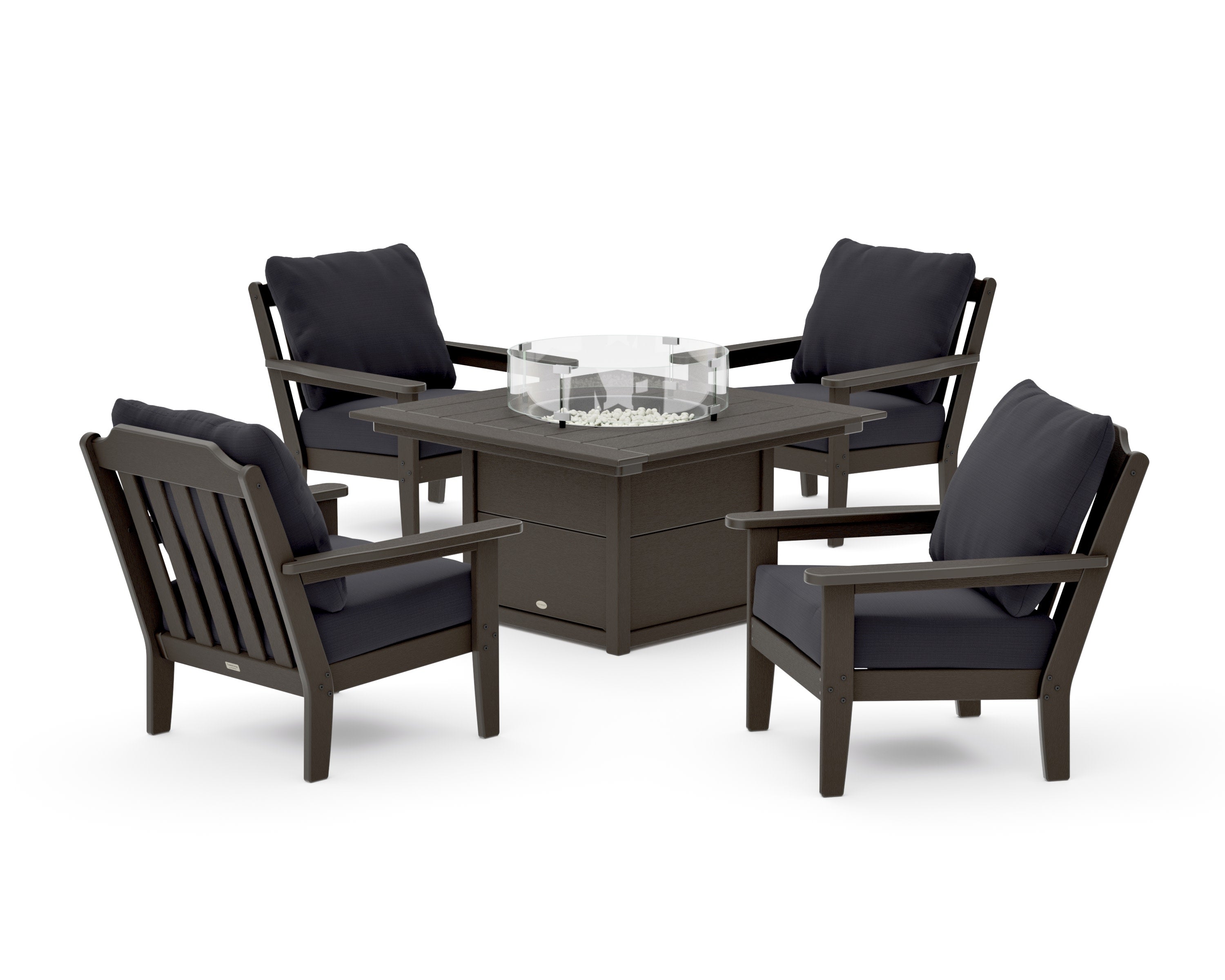 Cottage 5-Piece Deep Seating Set with Fire Pit Table in Vintage Coffee / Midnight Linen