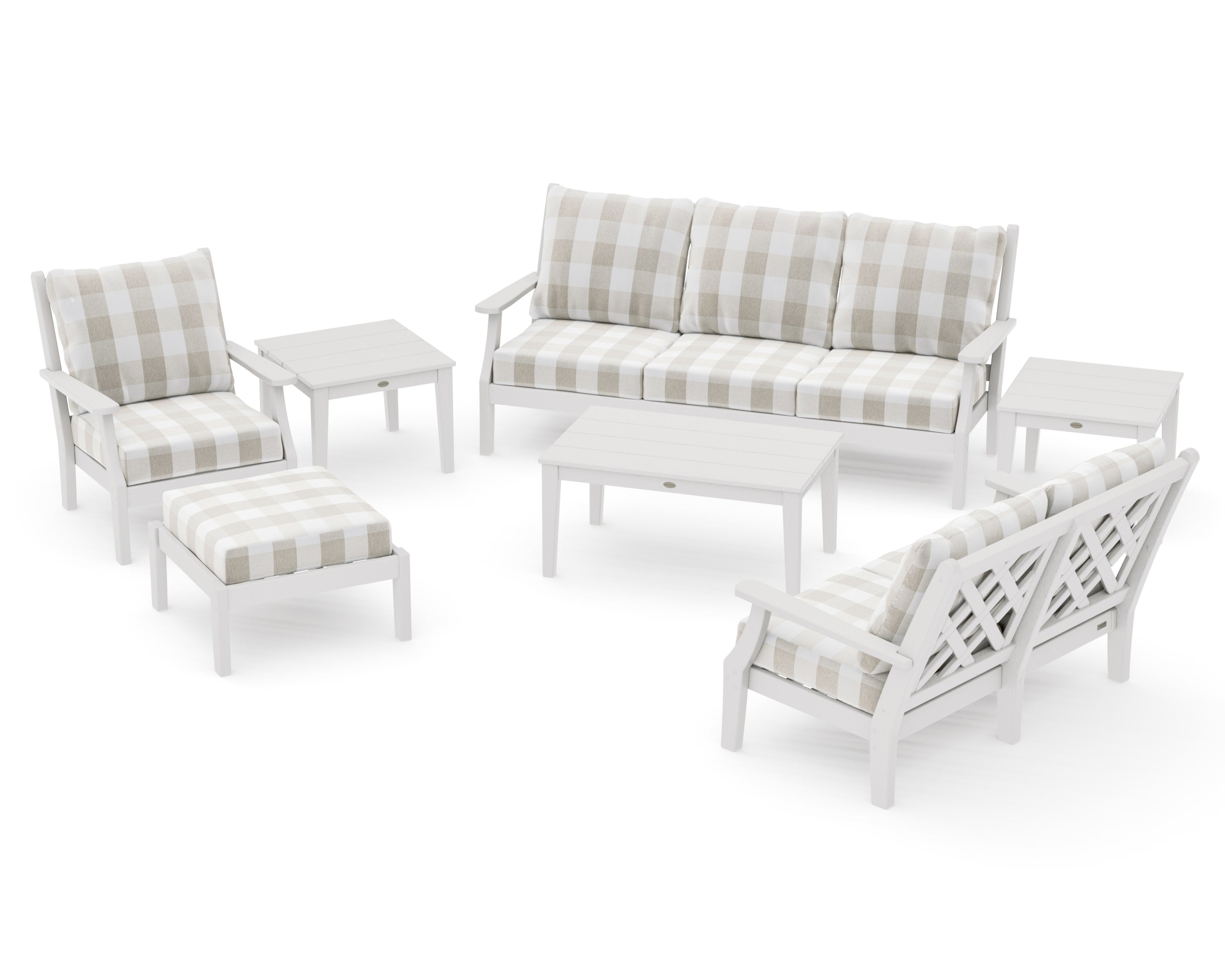 Wovendale 7-Piece Deep Seating Set in Vintage White / Buffalo Plaid Dune Burlap