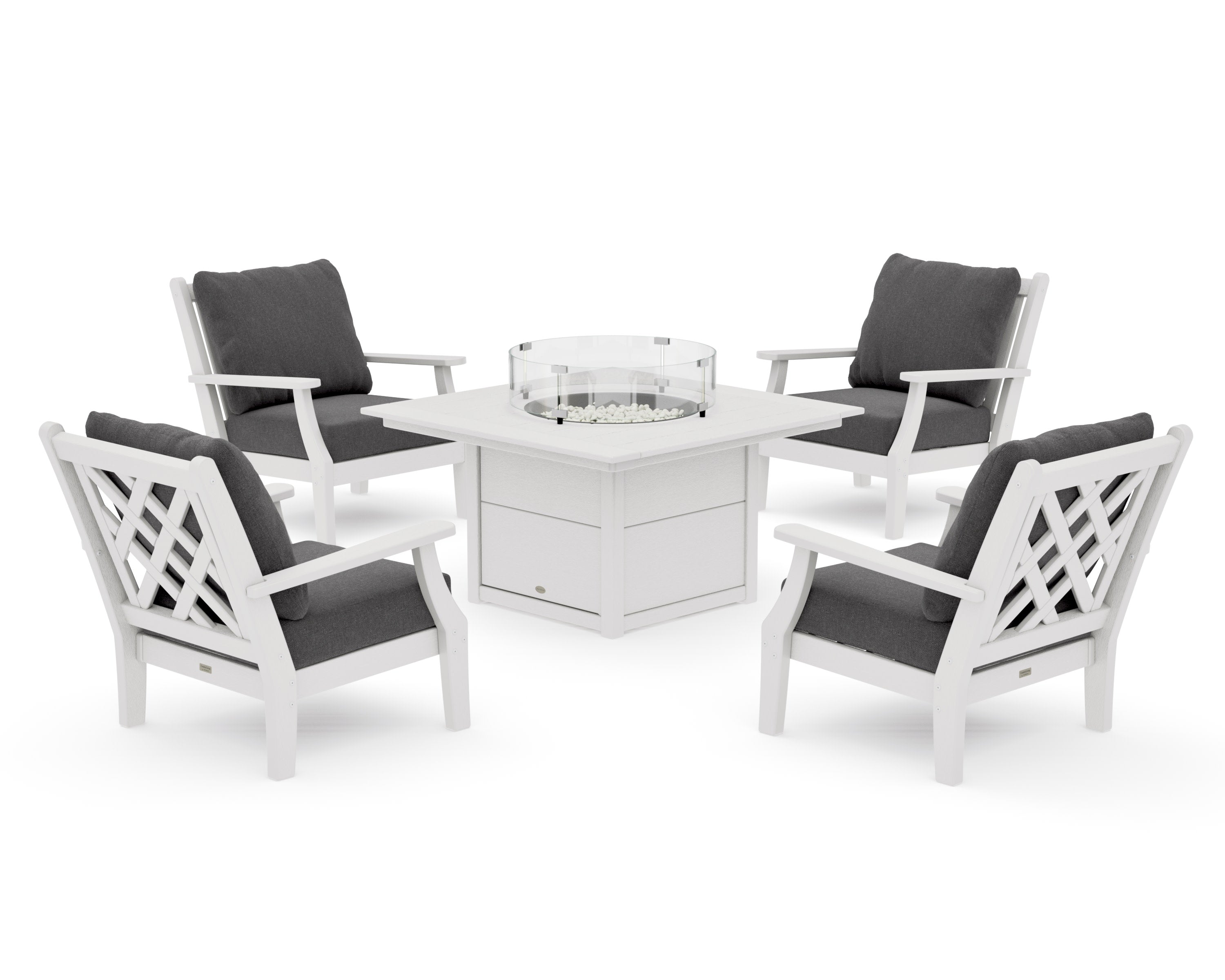 Wovendale 5-Piece Deep Seating Set with Fire Pit Table in Vintage White / Ash Charcoal