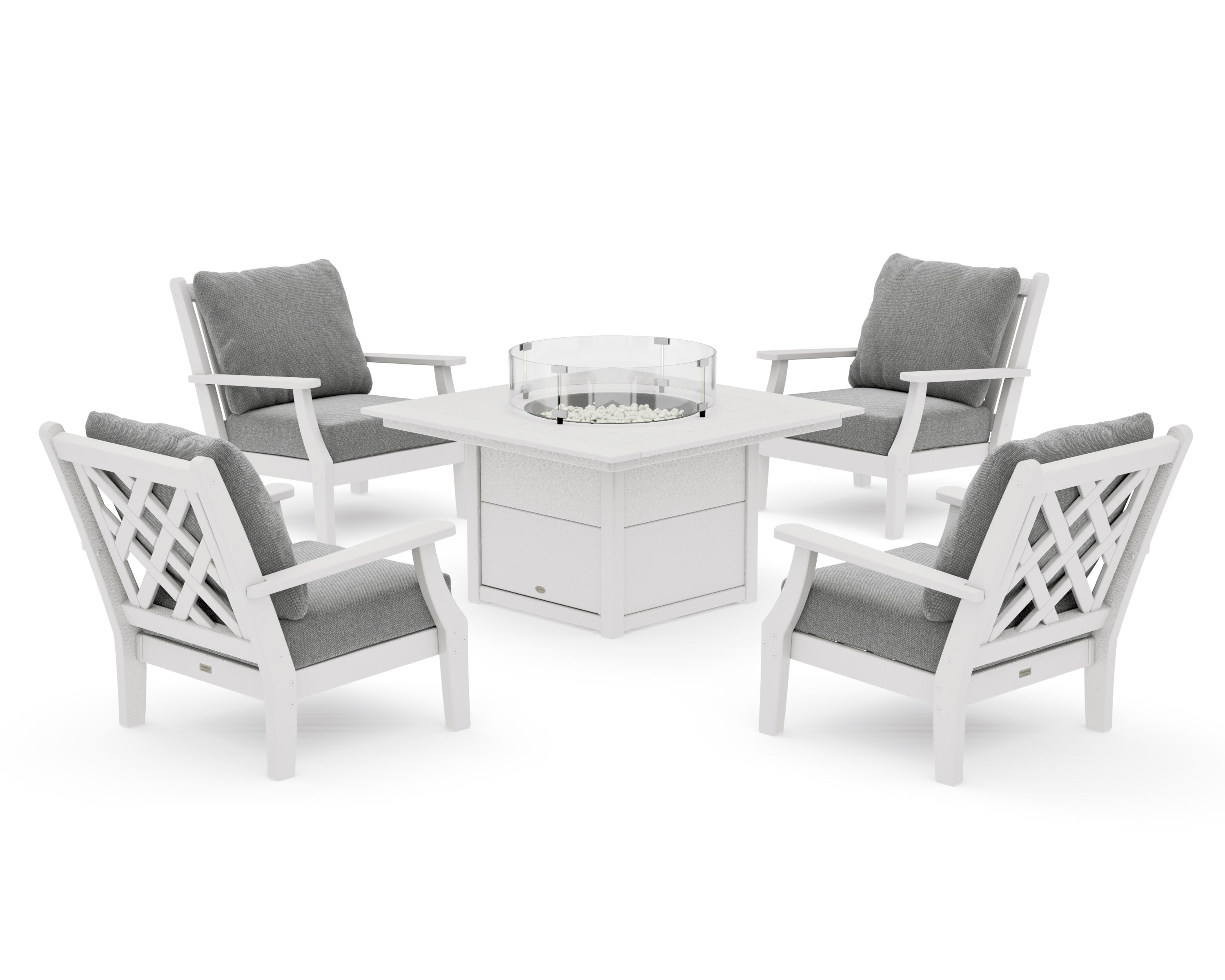 Wovendale 5-Piece Deep Seating Set with Fire Pit Table in Vintage White / Grey Mist
