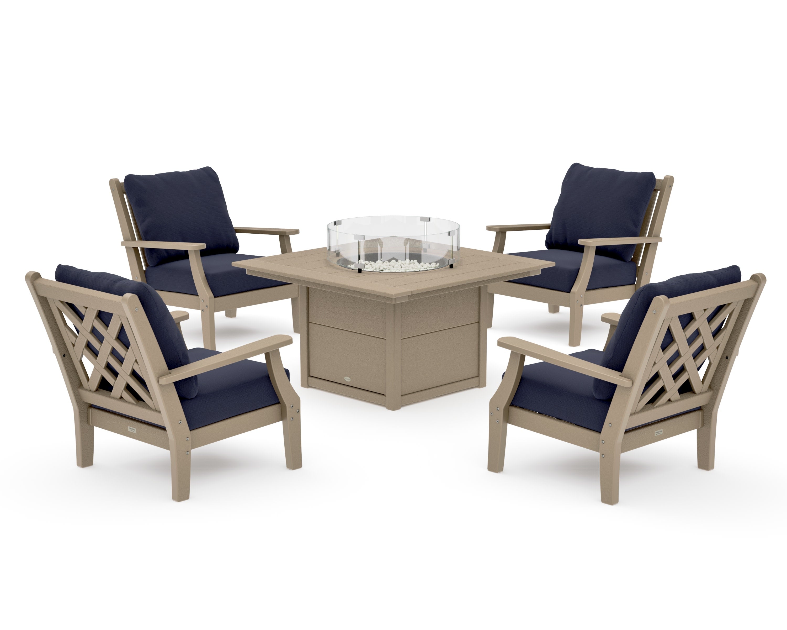 Wovendale 5-Piece Deep Seating Set with Fire Pit Table in Vintage Sahara / Navy Linen