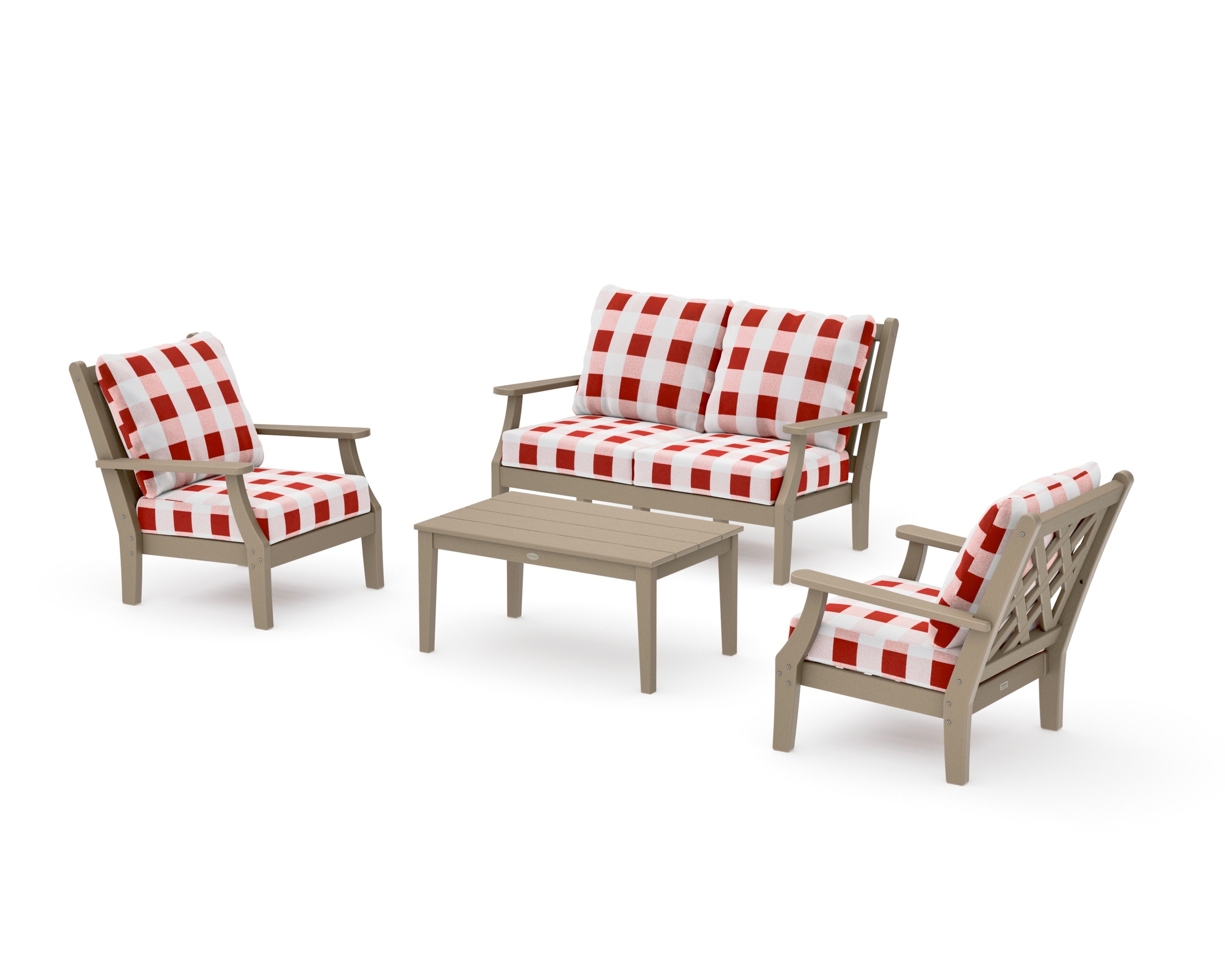 Wovendale 4-Piece Deep Seating Set with Loveseat in Vintage Sahara / Buffalo Plaid Crimson