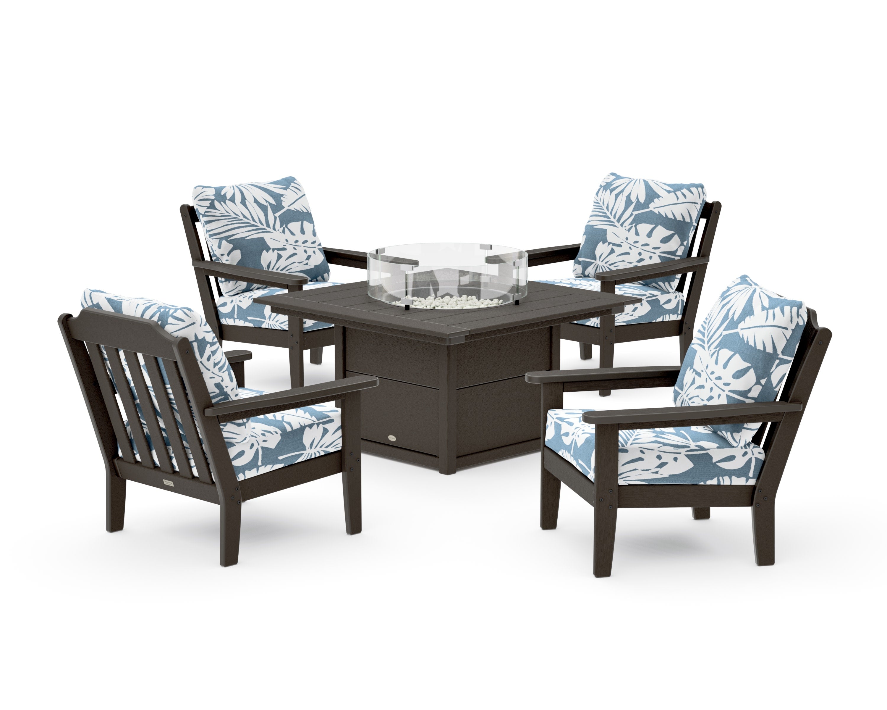 Cottage 5-Piece Deep Seating Set with Fire Pit Table in Vintage Coffee / Leaf Sky Blue