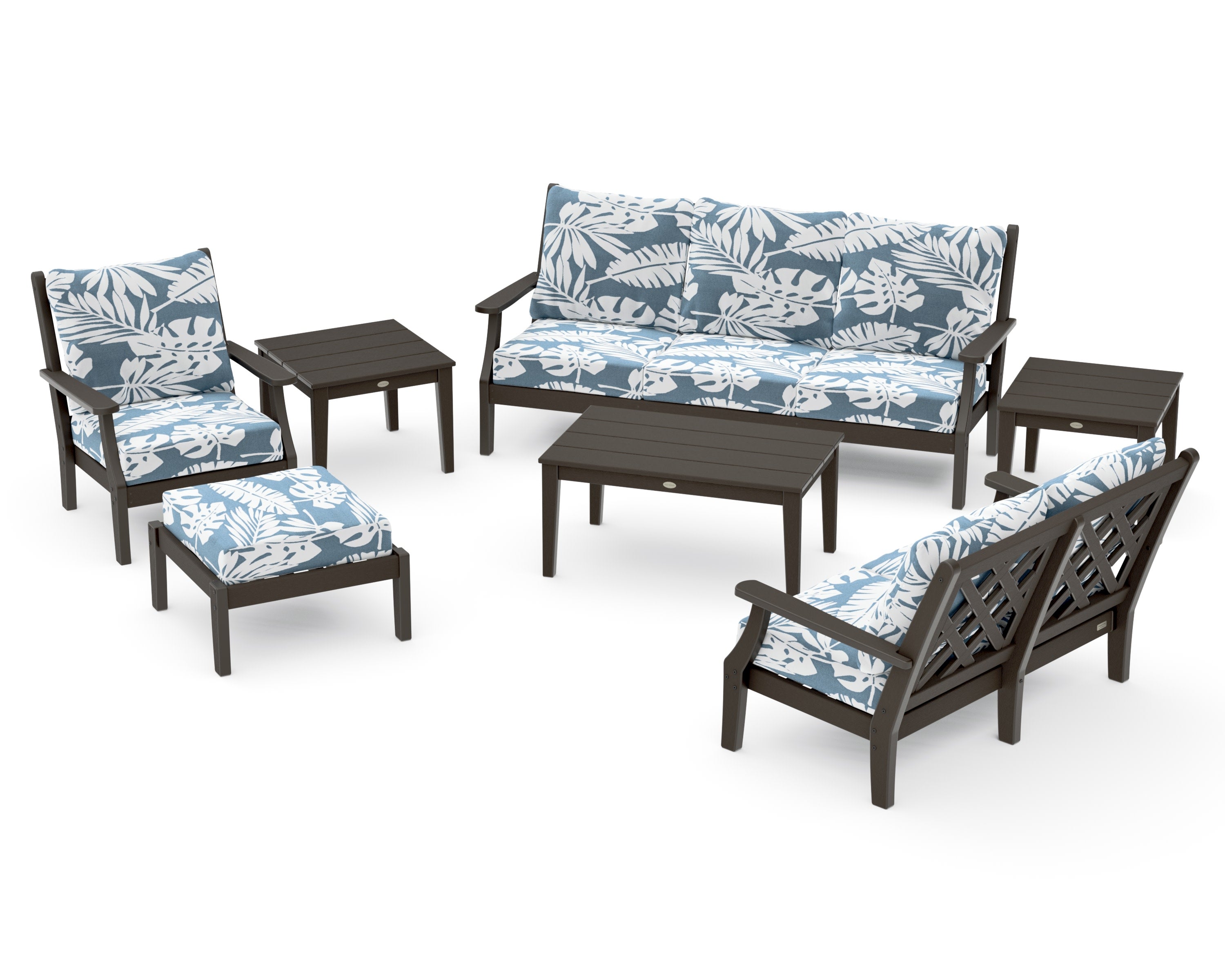 Wovendale 7-Piece Deep Seating Set in Vintage Coffee / Leaf Sky Blue
